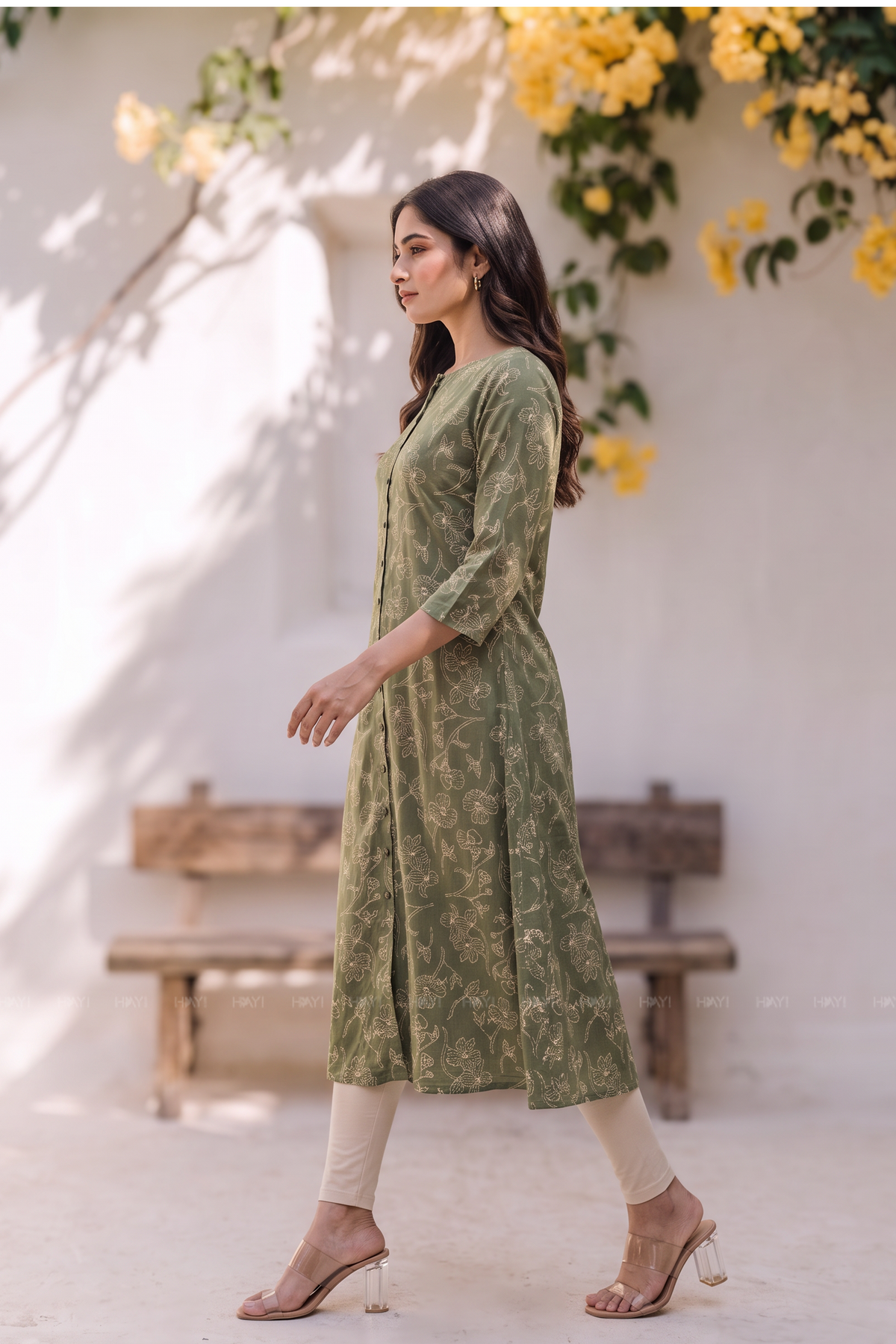 Botanical Charm Green Viscose Printed A-Line Kurta