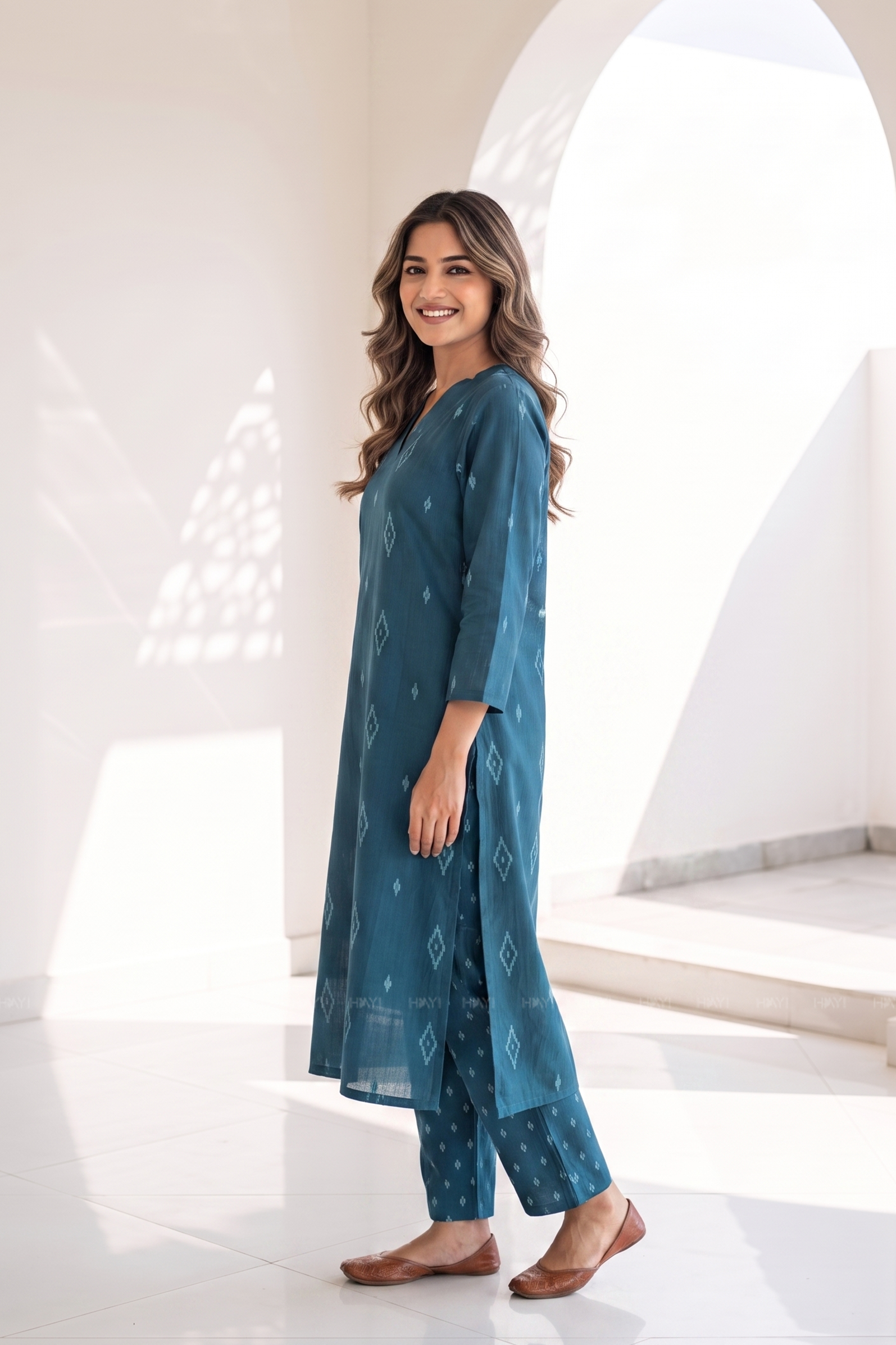 Blue Mosaic Collared V-Neck Co-Ord Set