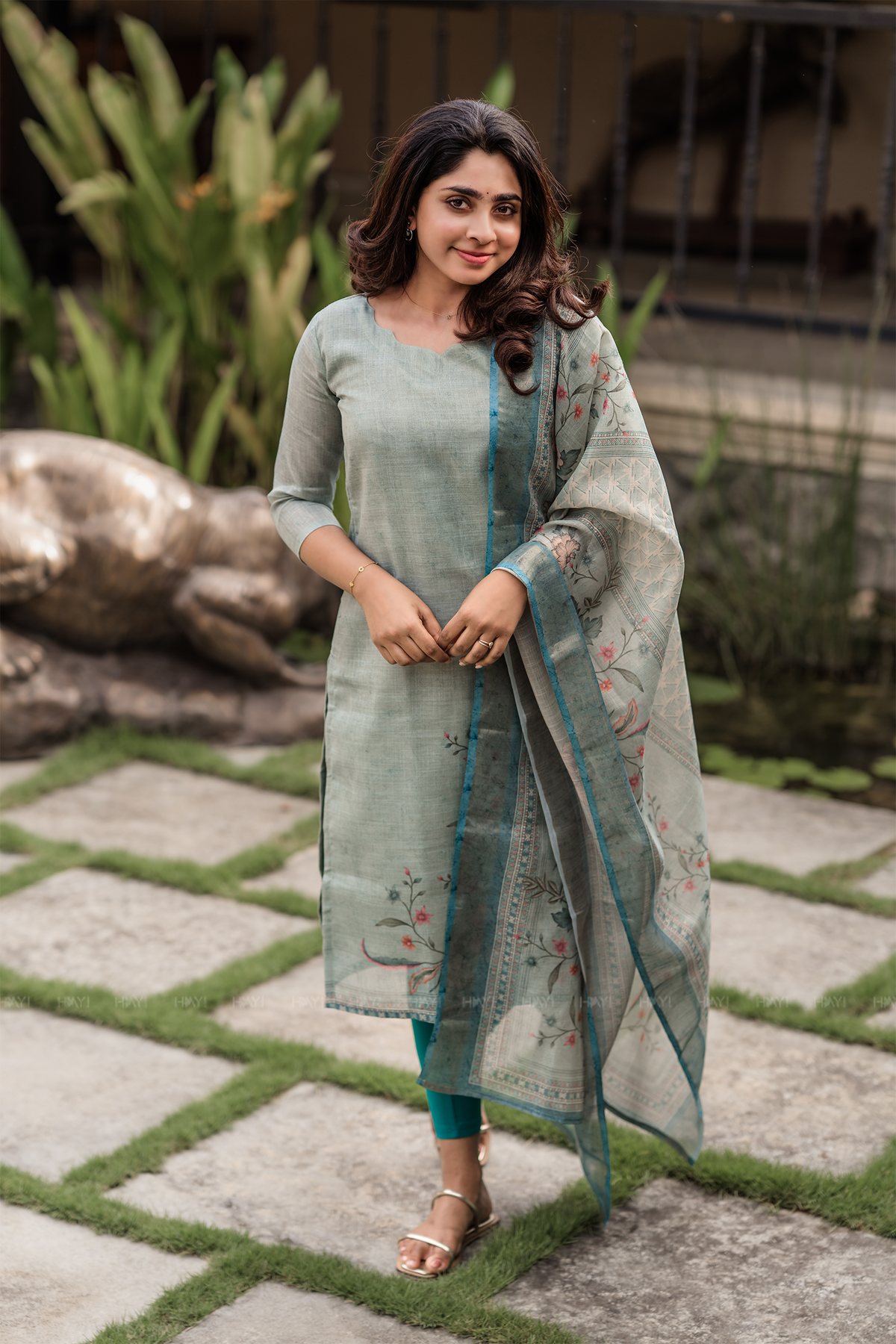 Tharisa Greyish Blue 3 Piece Shimmer Tissue Blend Placement Printed Kurta with Pant &amp; Dupatta