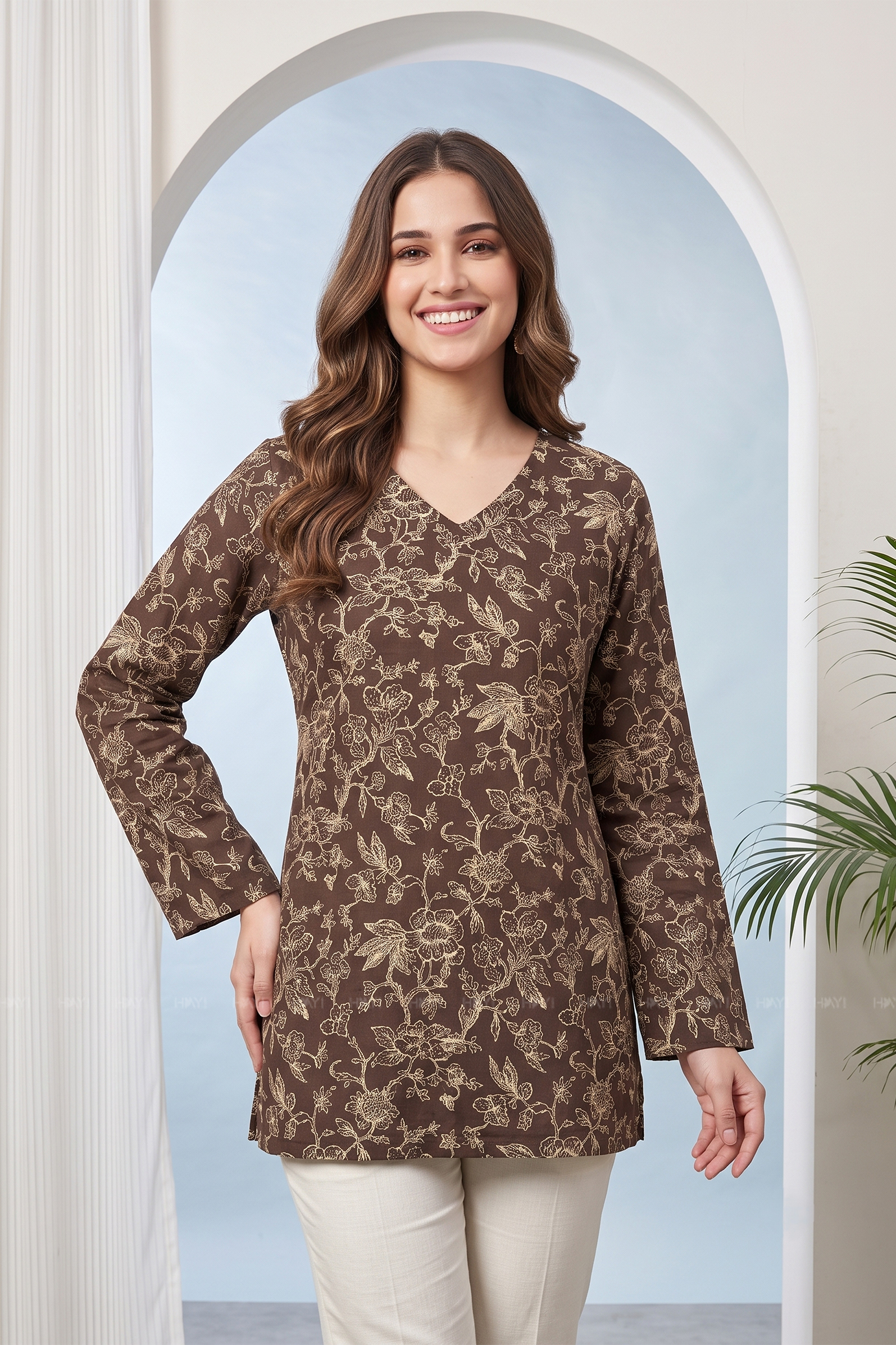 Mocha Flora Printed Short Kurta