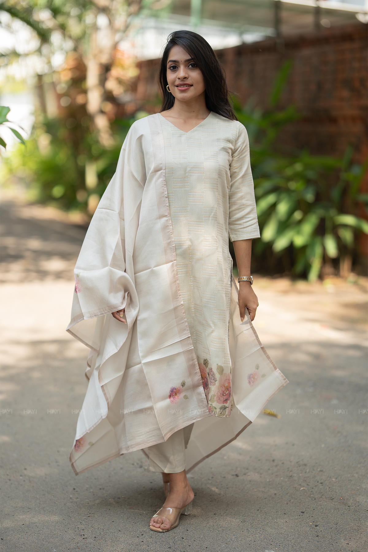 Rosvika Pearl Printed Tussar Checks Kurta Set with Dupatta