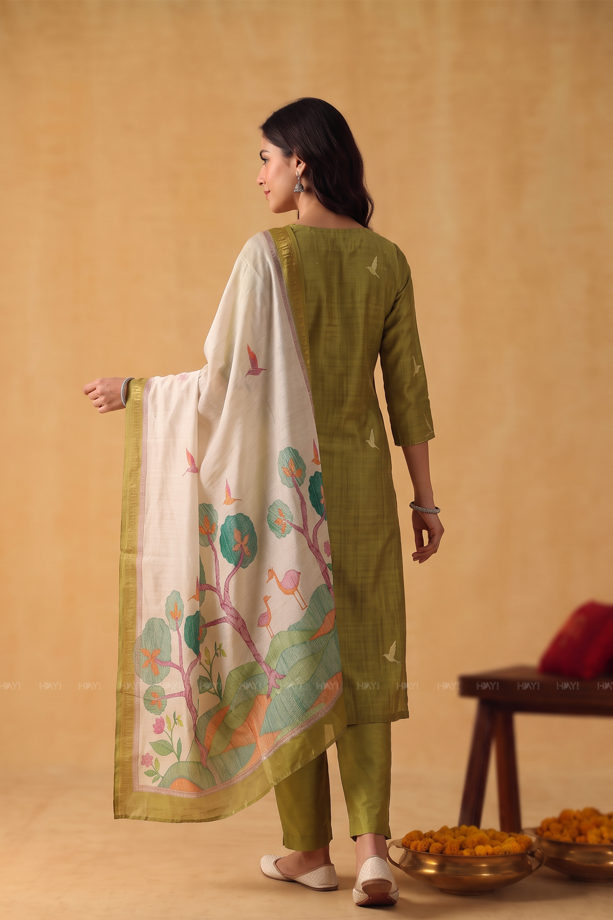 Lime Petals Green Tussar Silk Blend 3-Piece Printed Kurta Set