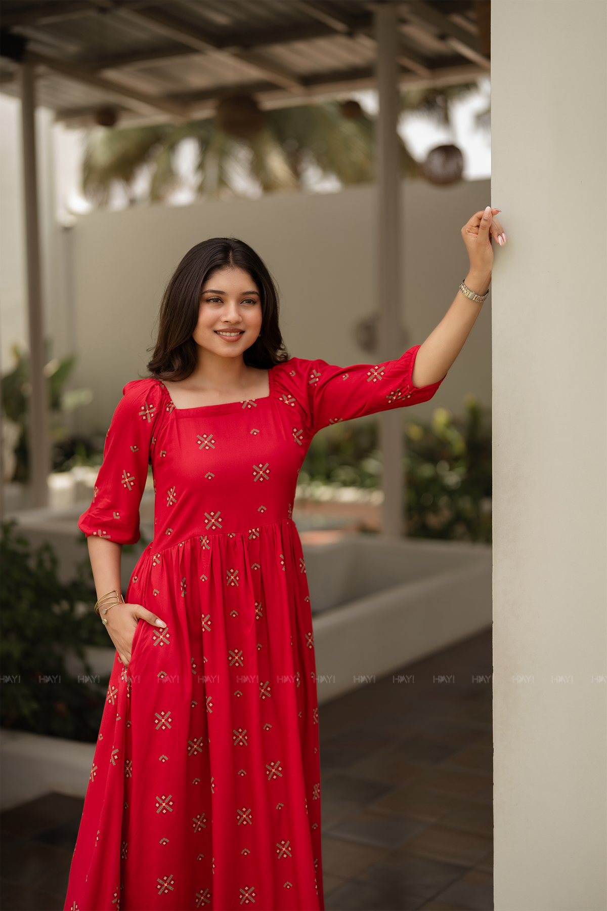 Carmine Red Floral Printed Twirl Dress