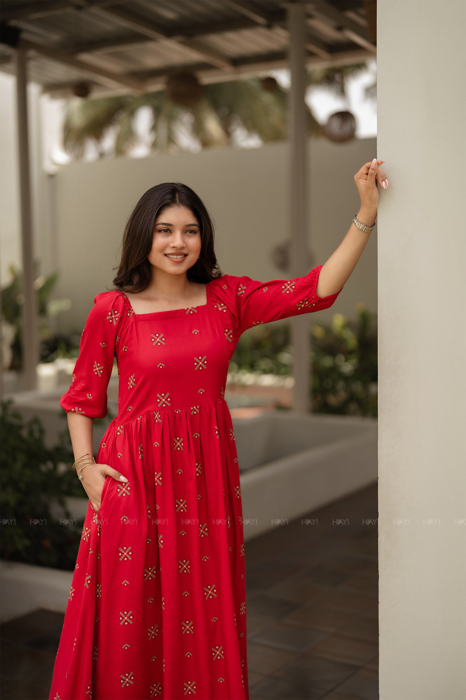 Carmine Red Floral Printed Twirl Dress