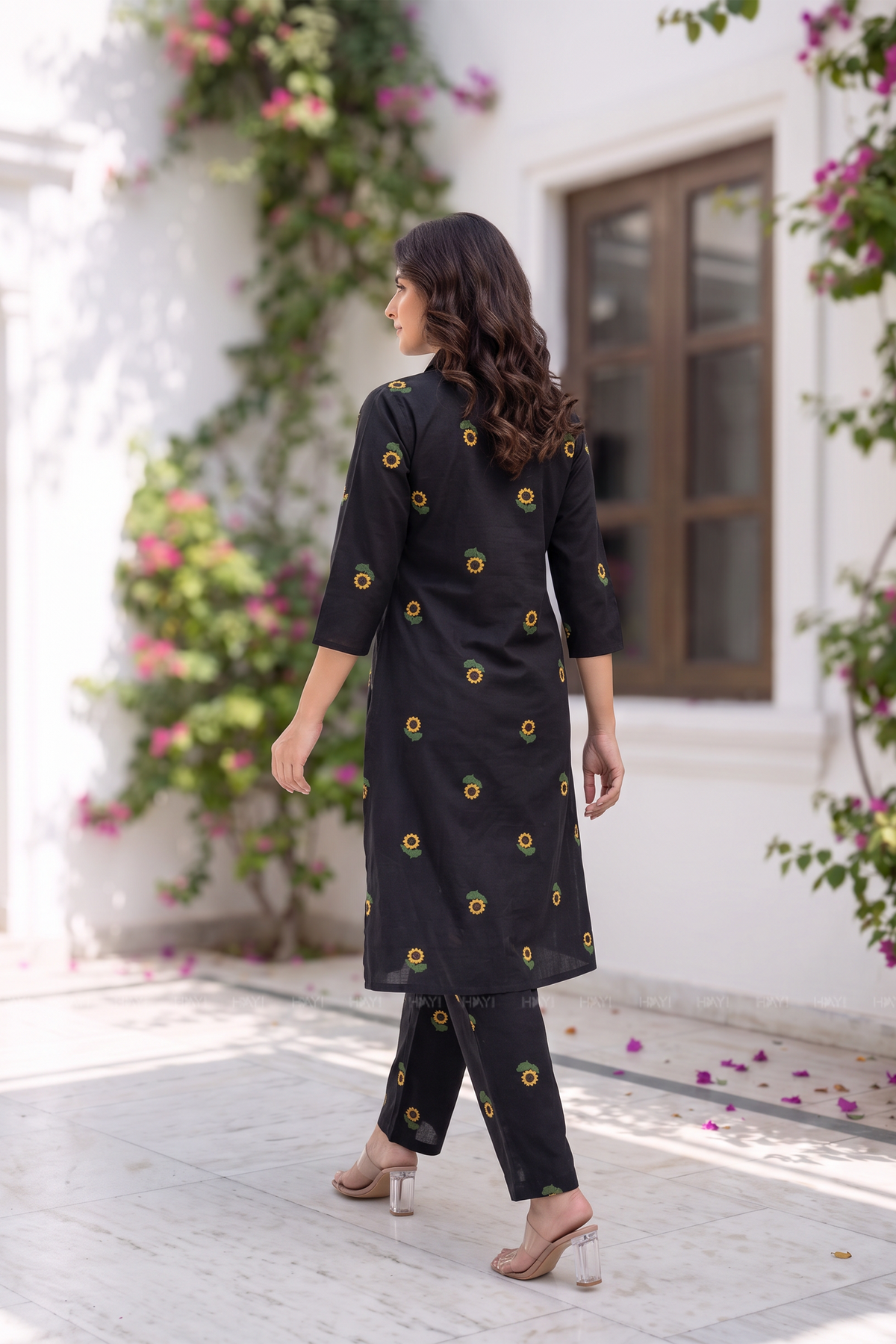 Sunflower Muse Black Cotton Flax Printed Co-ords Set
