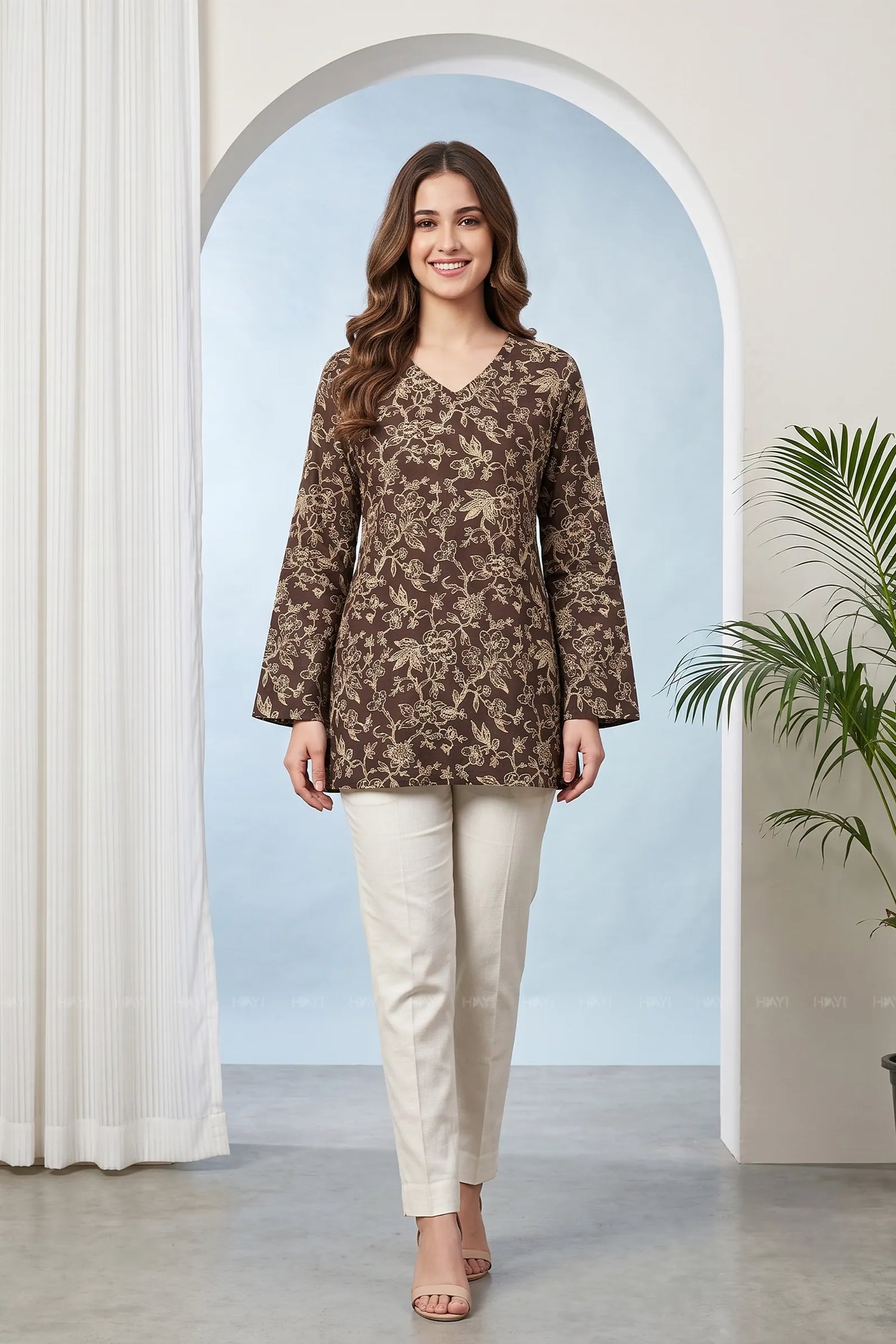 Mocha Flora Printed Short Kurta