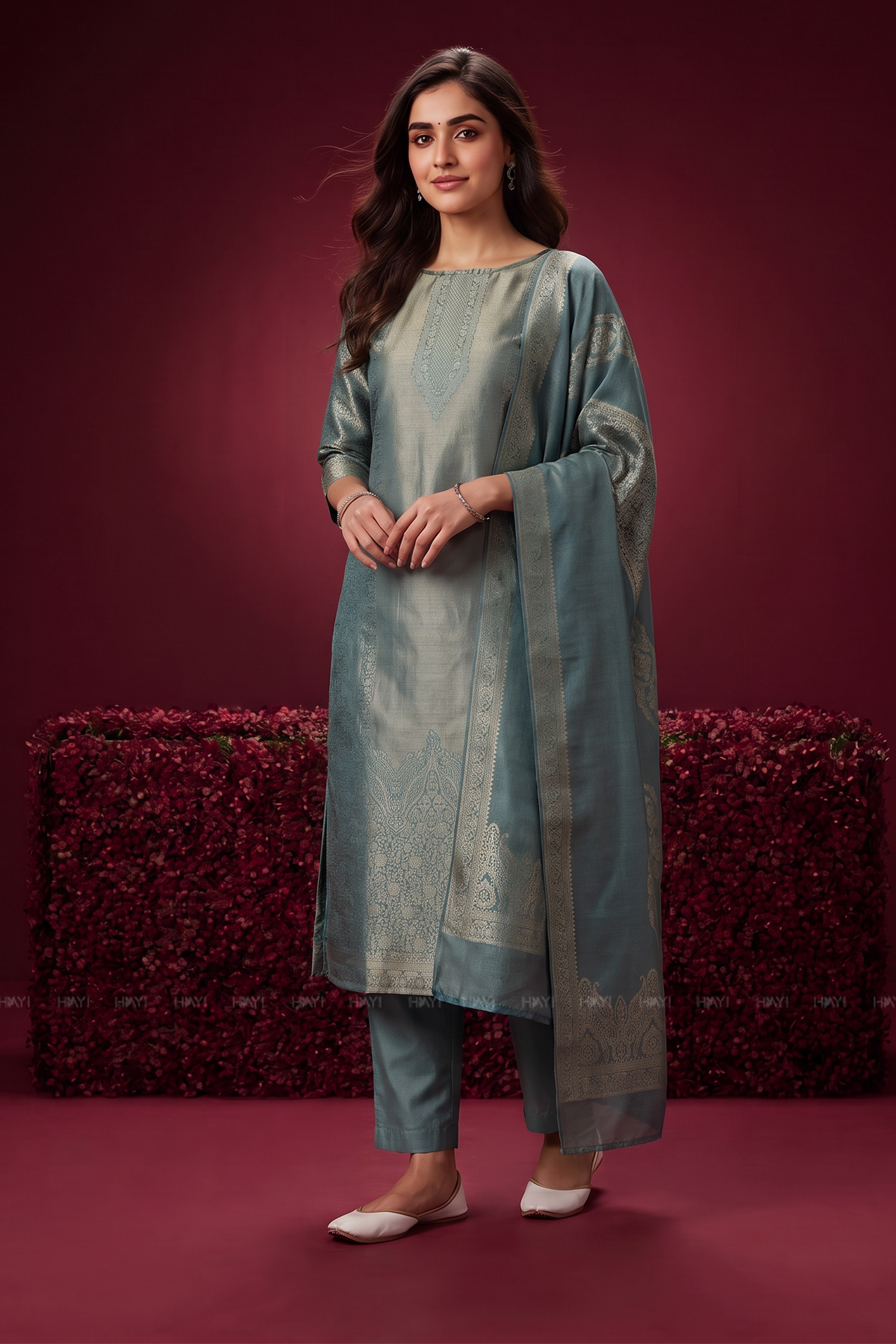Aavira Ice Blue Silk Blend Jacquard 2 Piece set