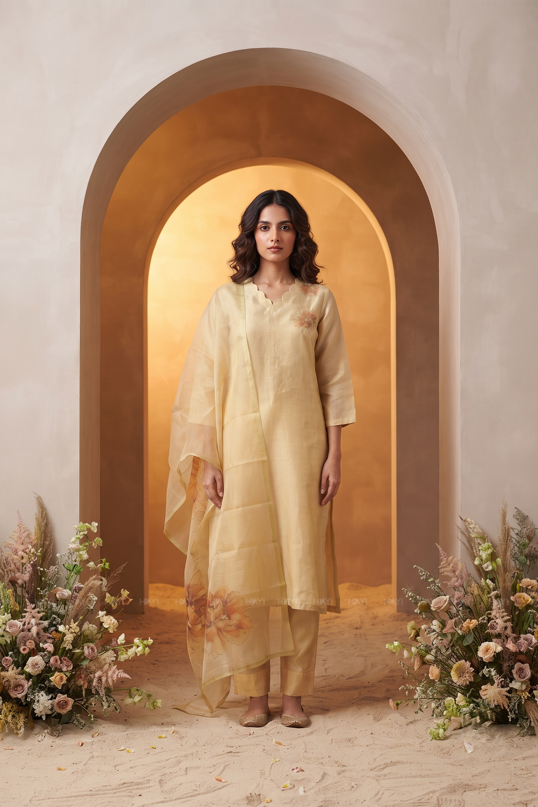 Mimsa Yellow Shimmer Tissue Kurta Set with Dupatta