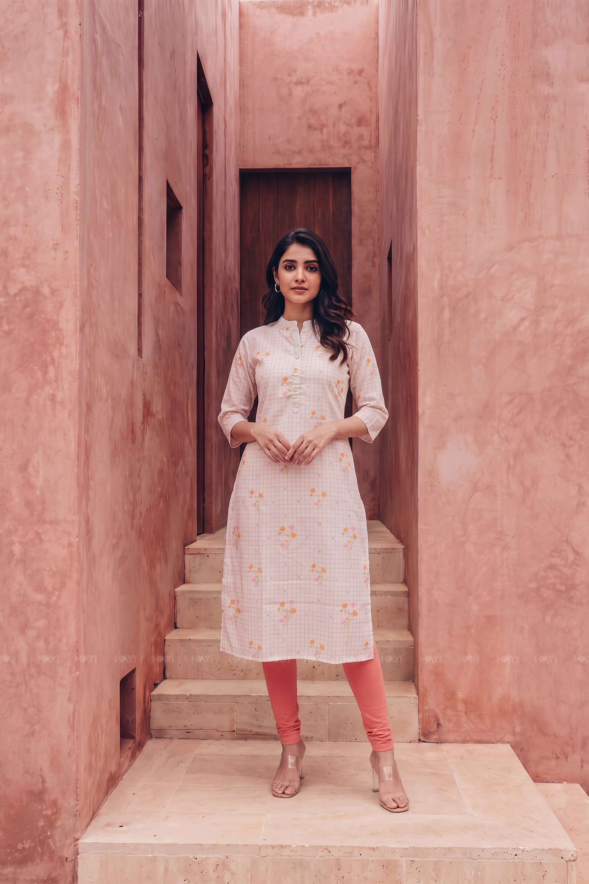 Bloom Grid Beige Linen Blend Floral Printed Kurta with Chinese Collar