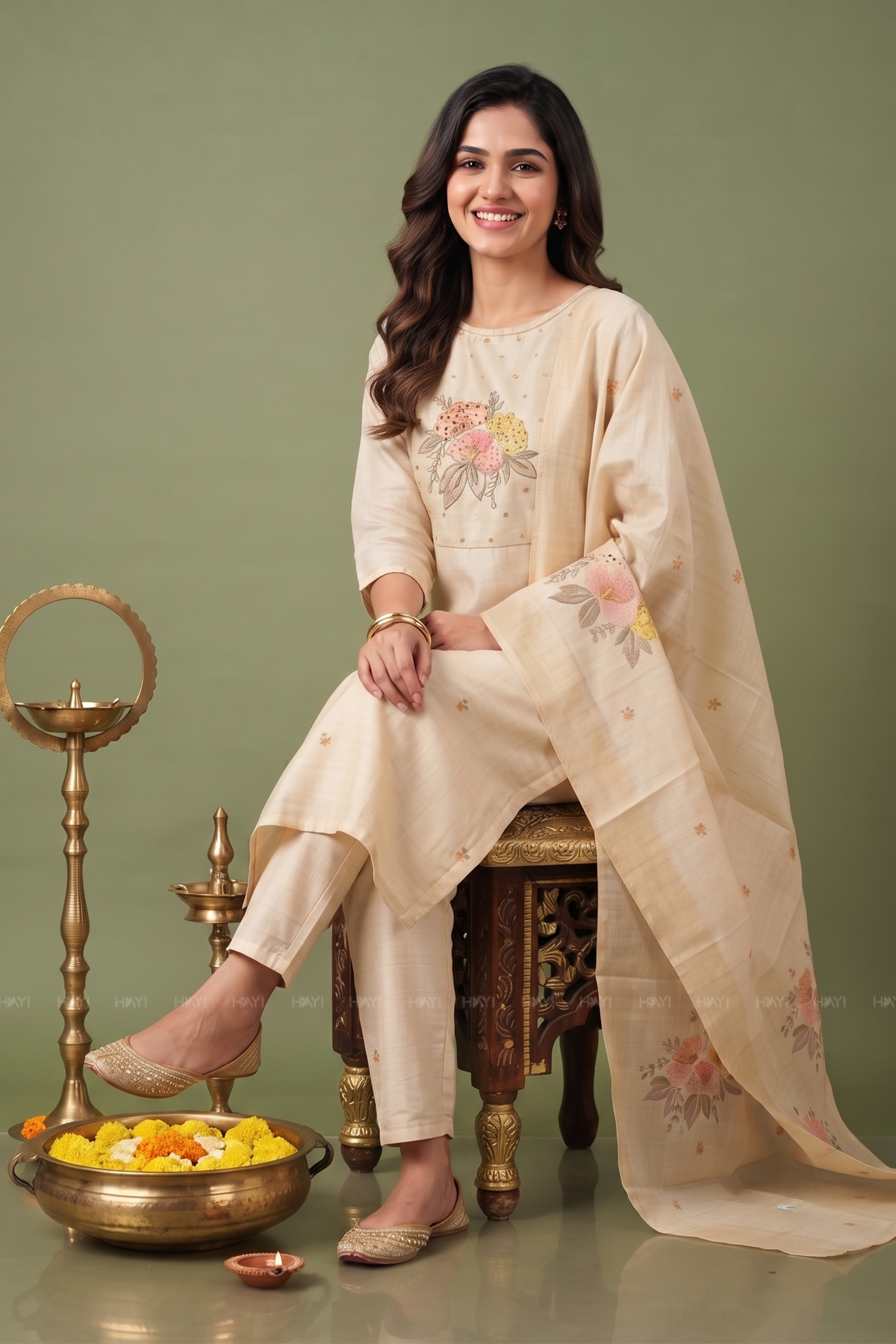 Fable Blossom Embroidered 3 Piece Butter Silk Blend Kurta Set with Dupatta