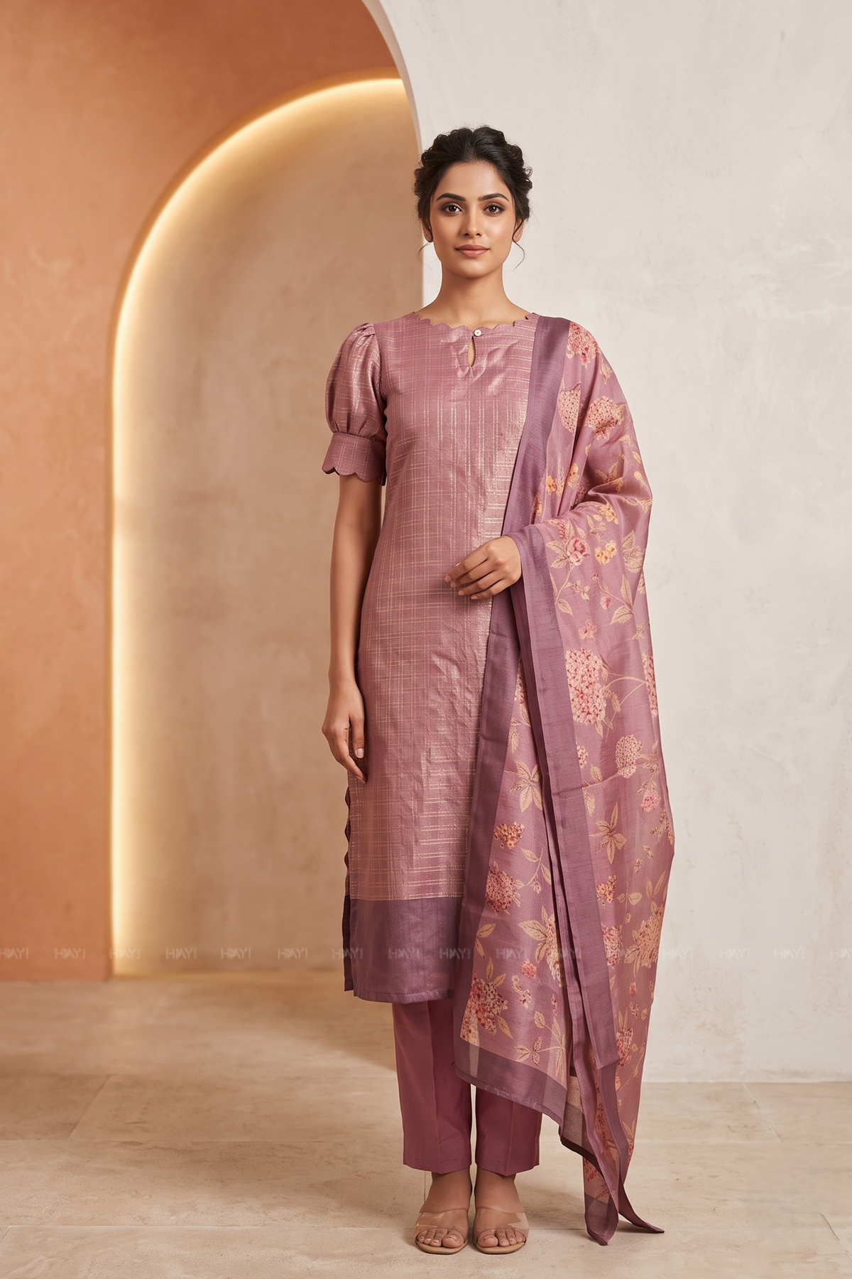 Dusky Pink Satin Daman 3 Piece Silk Check Blend Floral Printed Kurta with Pant &amp; Dupatta