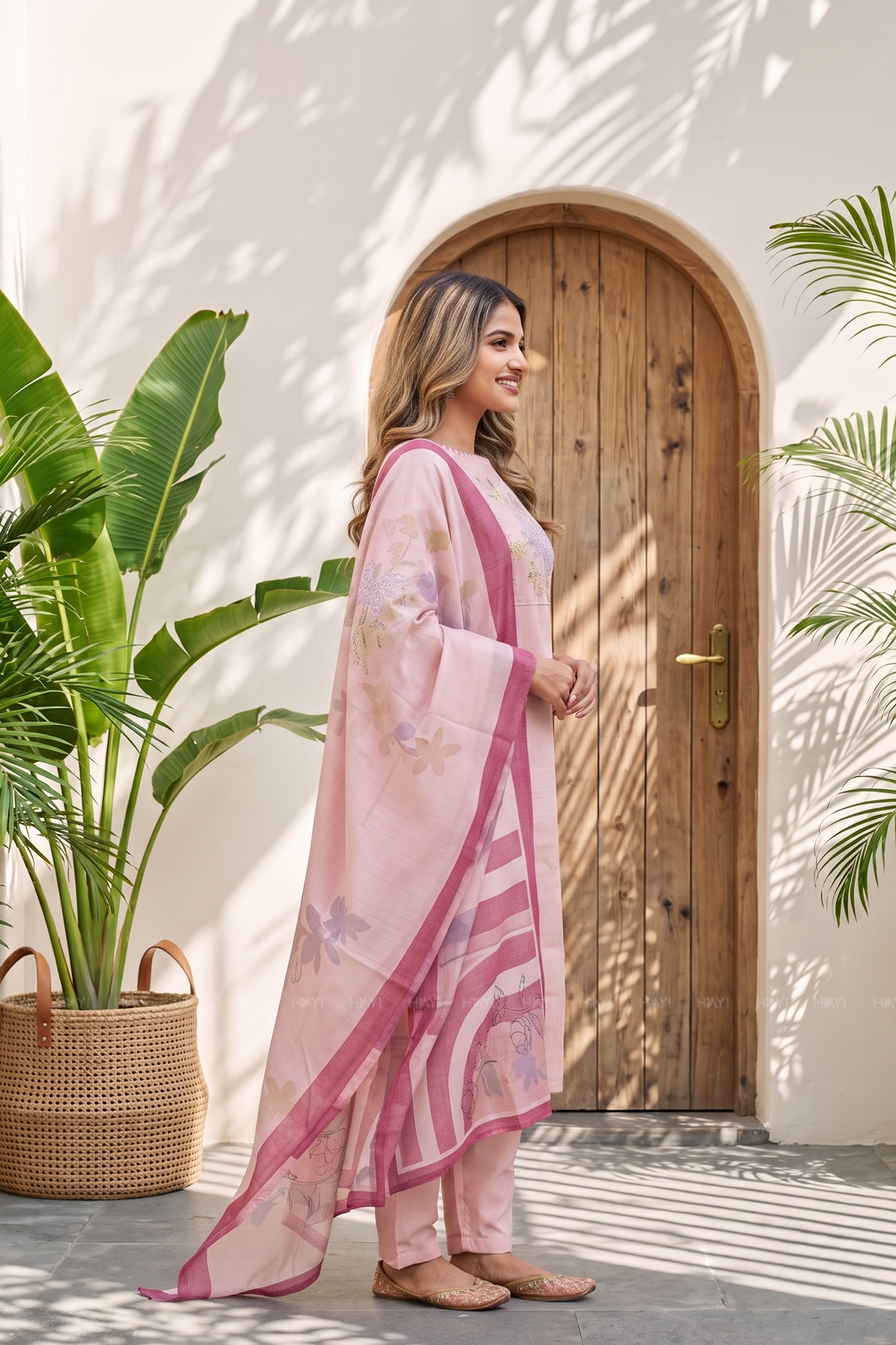 Rose Mist Light Pink 3 Piece Tussar Silk Blend Floral Embroidered &amp; Printed Kurta with Pant &amp; Dupatta