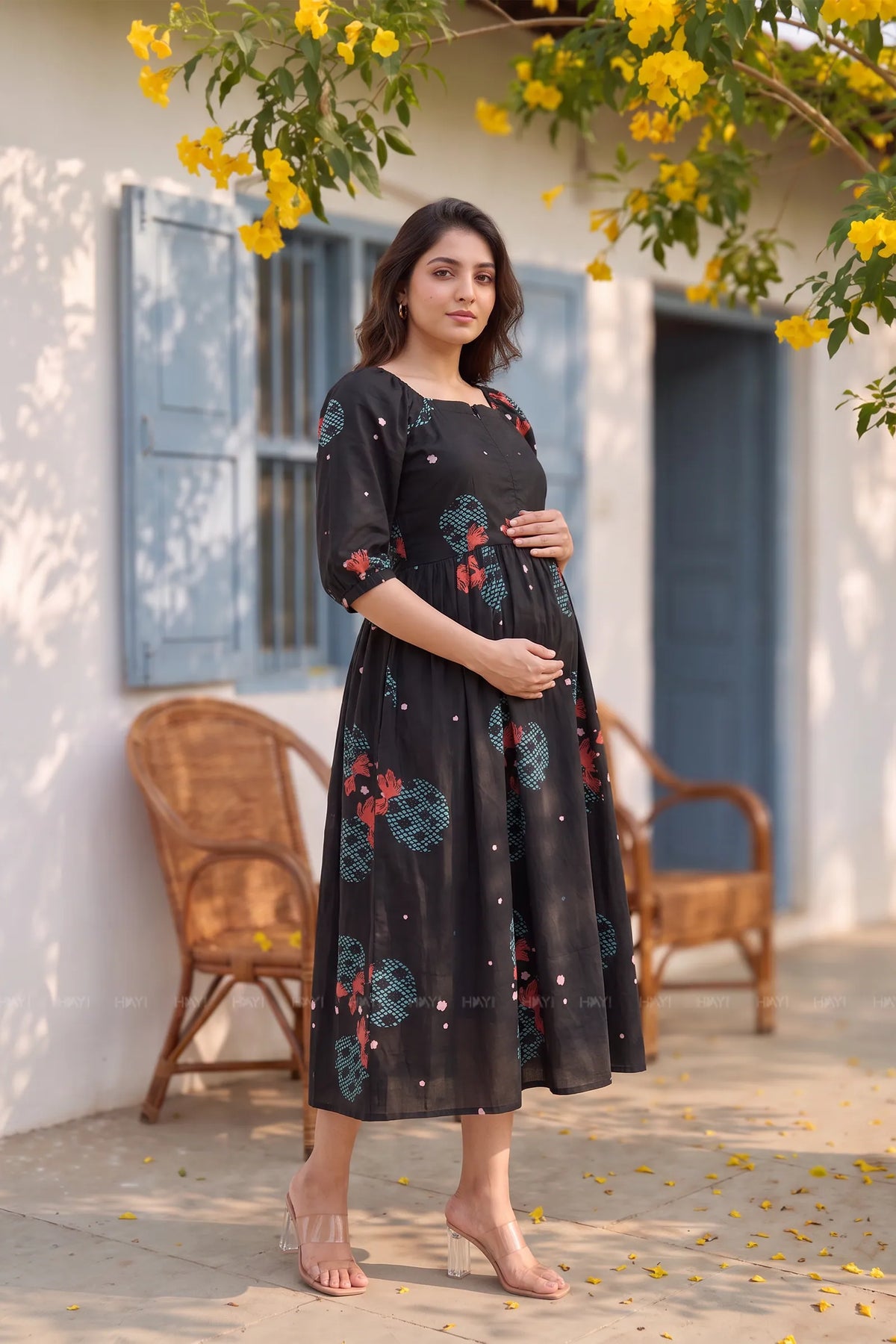 Kuro Sakura Black Printed Maternity Maxi Dress