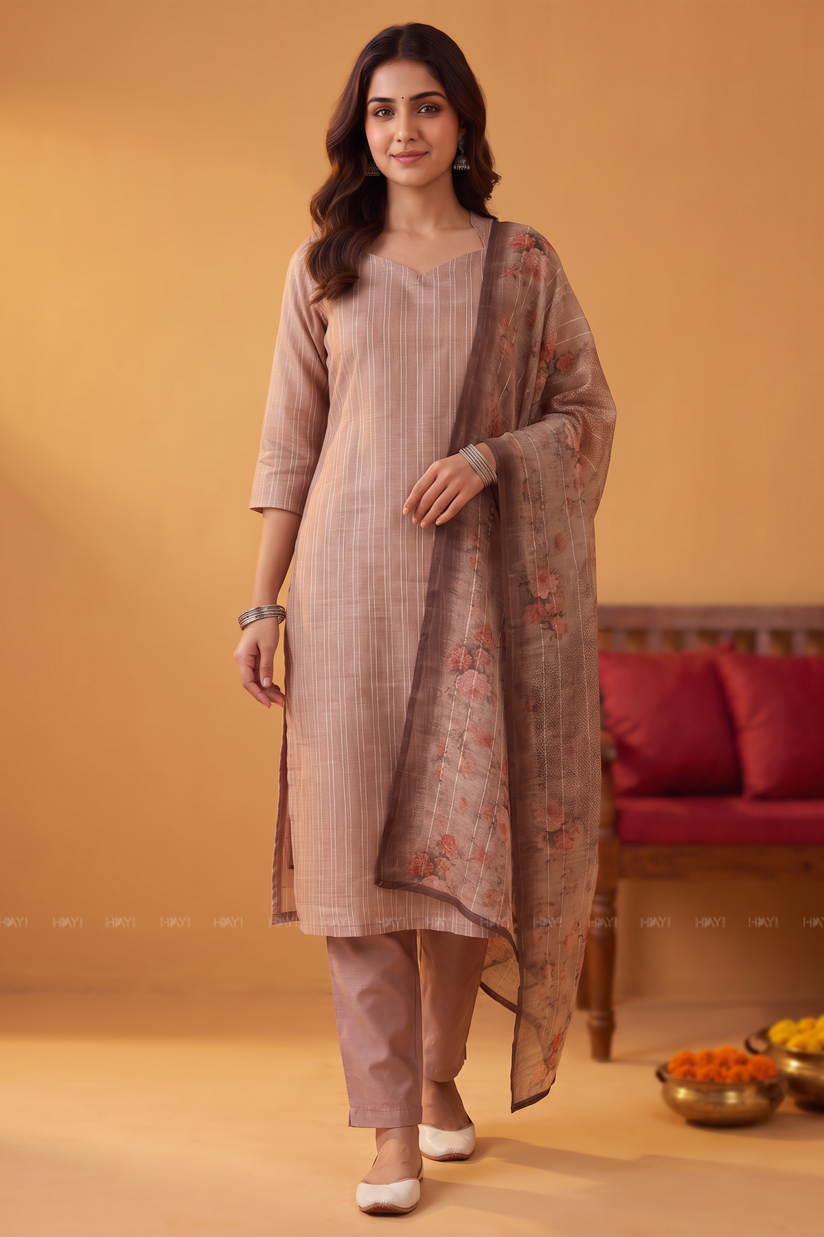 Rose Grace Beige Tussar Silk Blend 3-Piece Printed Kurta Set