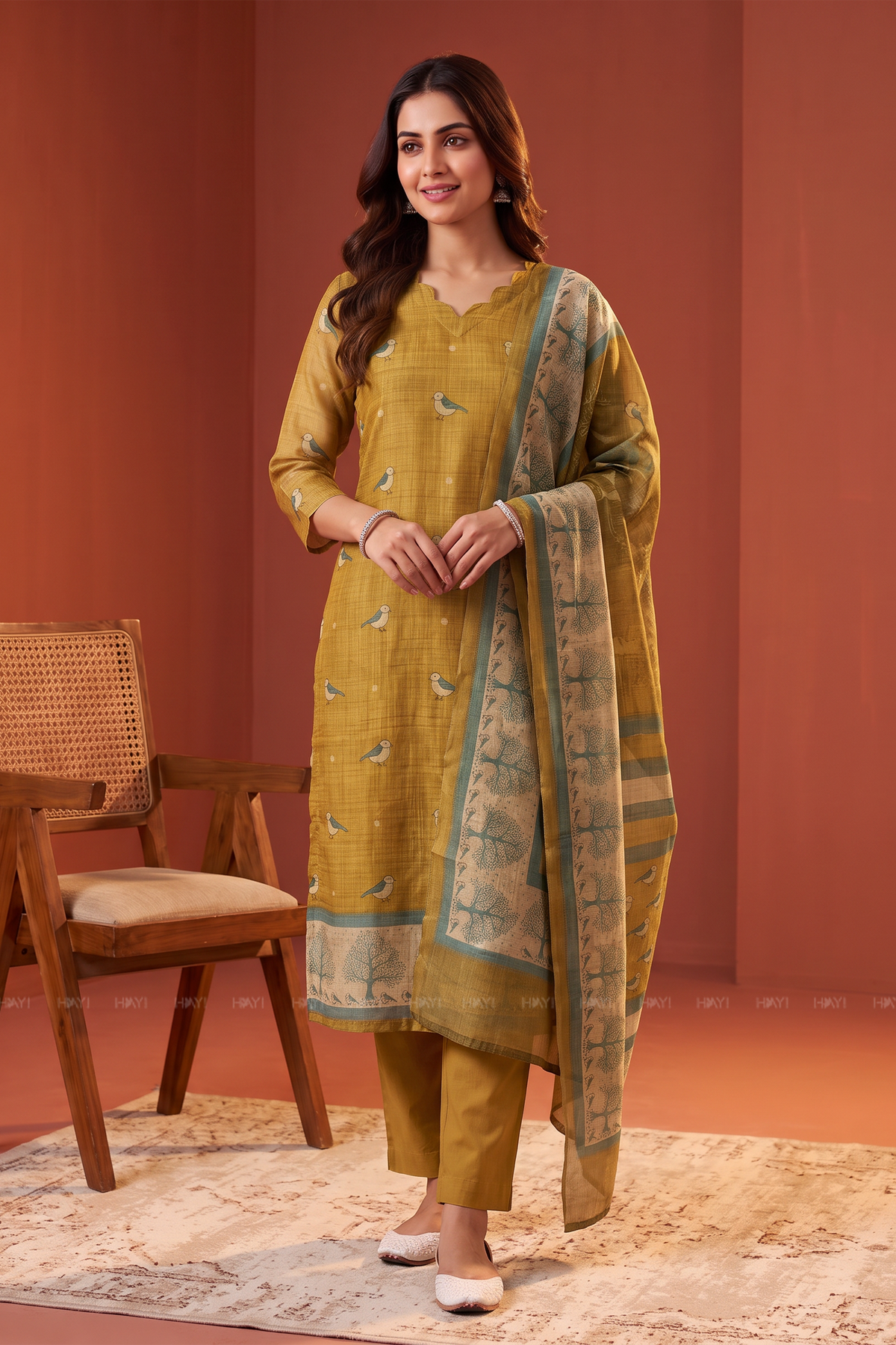 Birdsong Bloom Golden Yellow Silk Blend 3-Piece Kurta Set