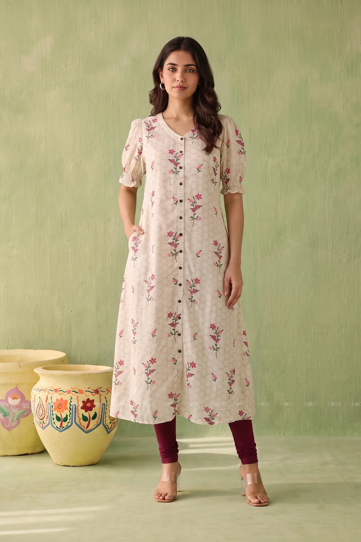 Little Flora Beige Floral Printed Viscose A-Line Kurta