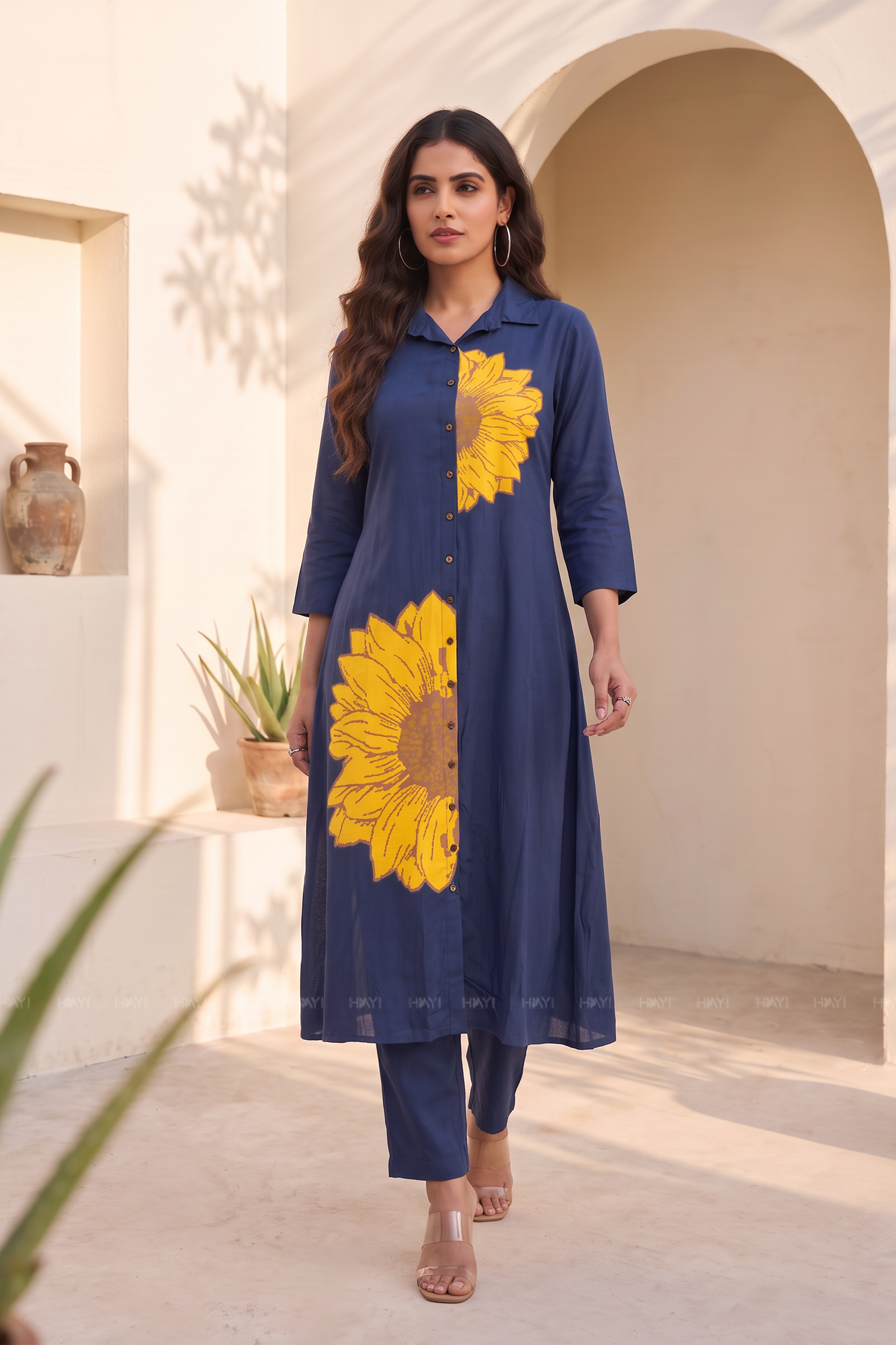 Sunflower Sapphire Floral Shirt Collar A-Line Dress