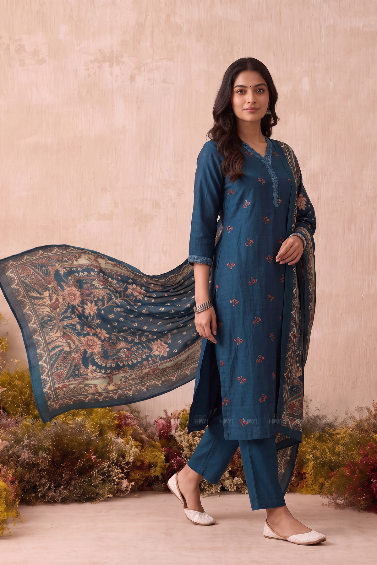 Floral Laceway Teal Silk Blend Embroidered 3-Piece Kurta Set
