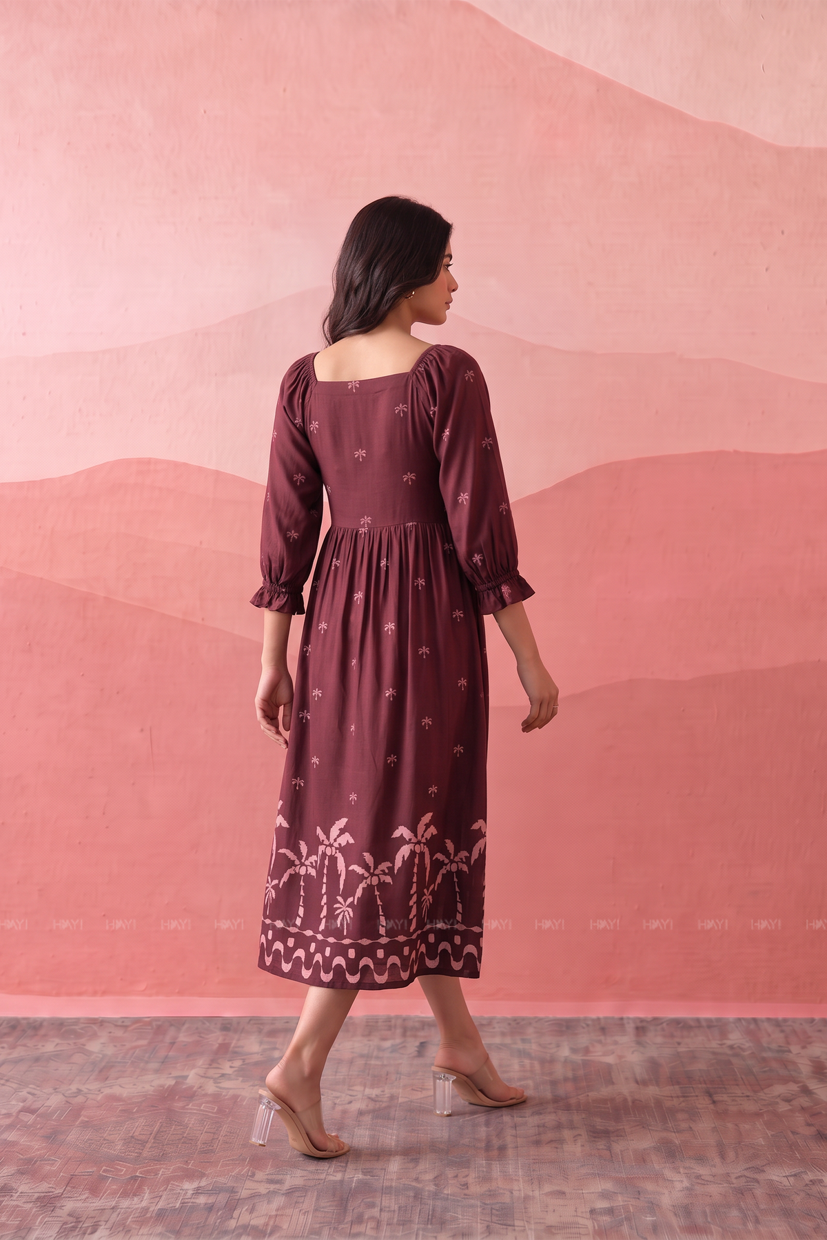 Palm Whisper Printed Maroon Dress