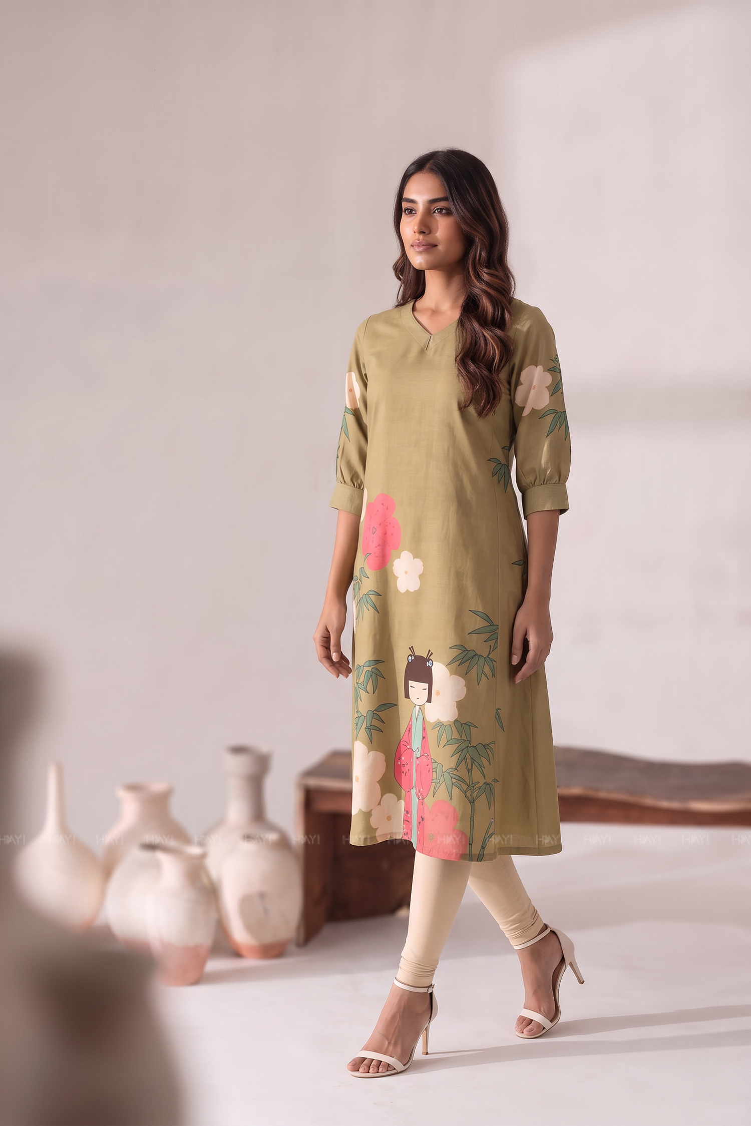 Peony Grace  V-Neck Printed A-Line Outfit