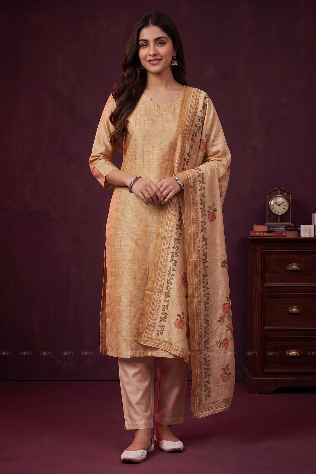 Golden Petal Yellow Tussar Silk Blend 3-Piece Printed Kurta Set