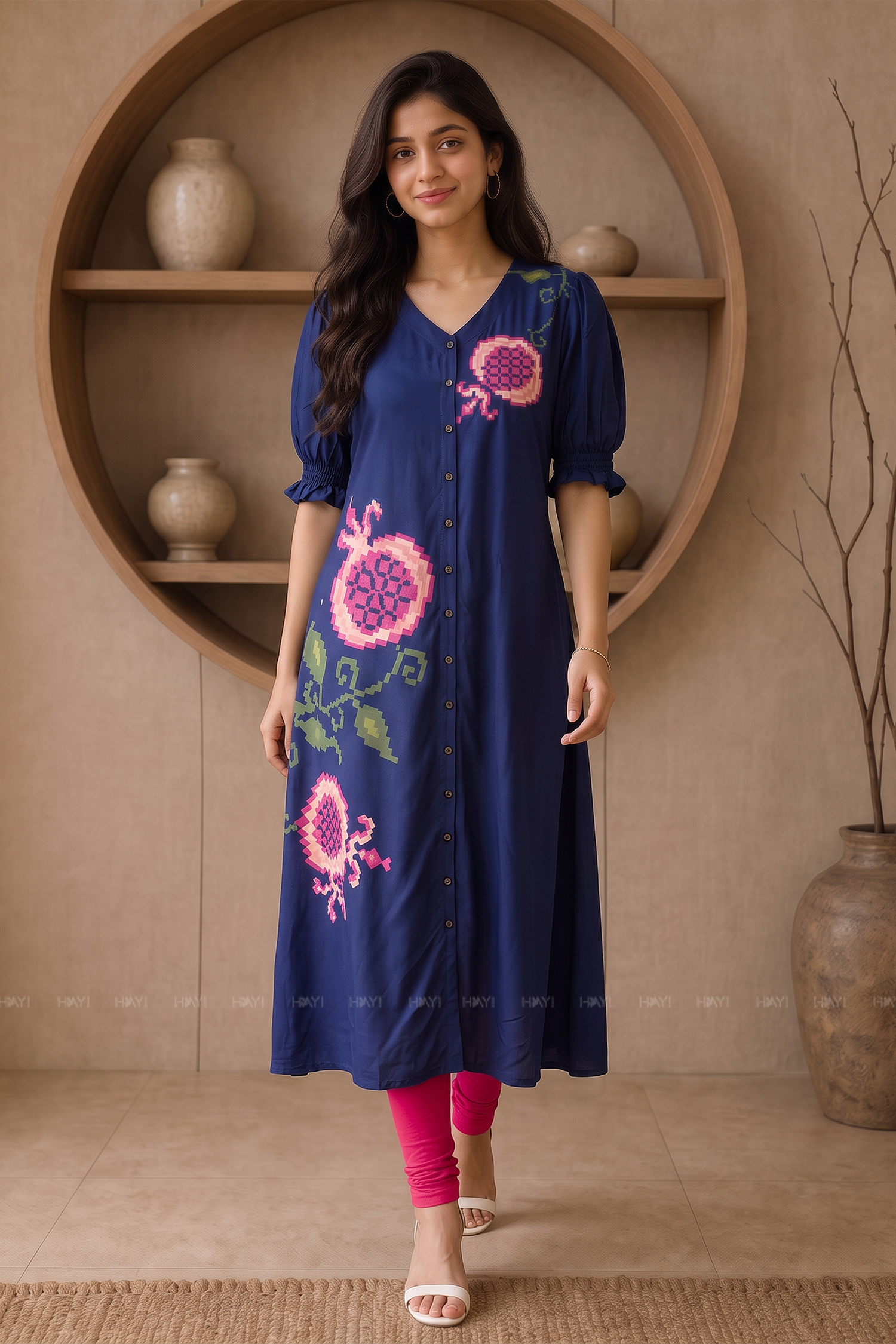 Midnight Rosette Blue  Printed Viscose Kurta