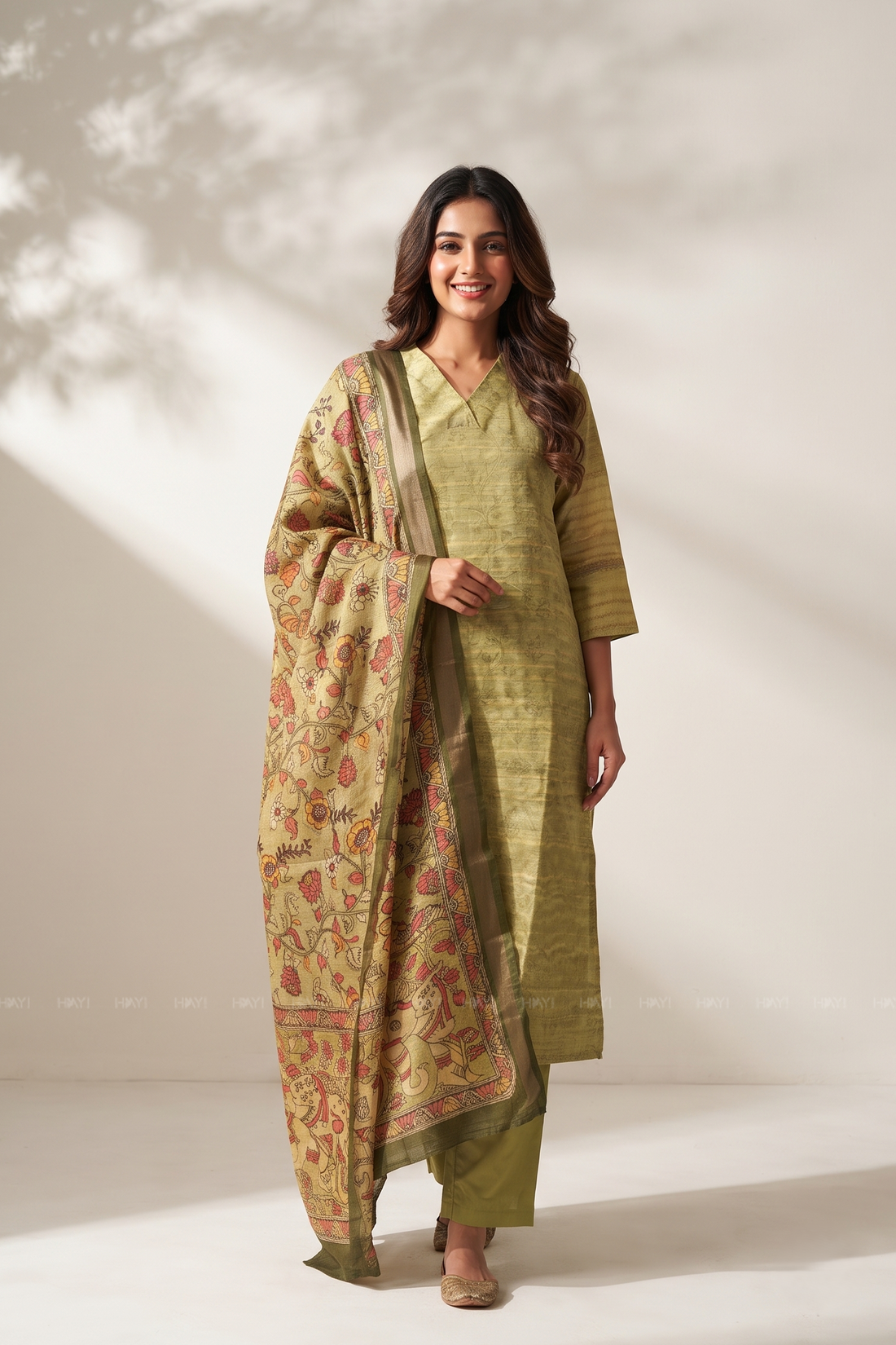 Tanira Green 3-Piece Tussar Silk Blend Floral Printed Kurta with Pant &amp; Dupatta
