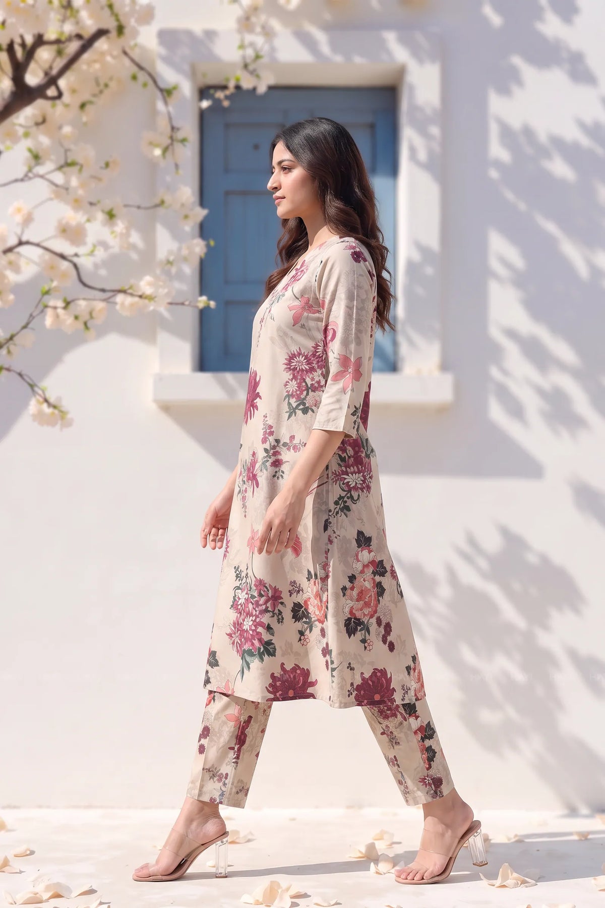 Winged Blossom White Silk Blend Printed Co-ord Set
