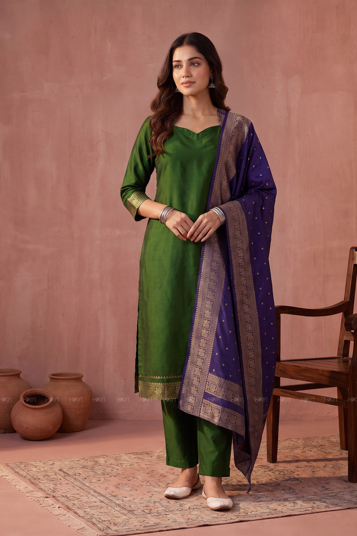 Heritage Hues Green Silk Blend 3-Piece Woven Kurta Set
