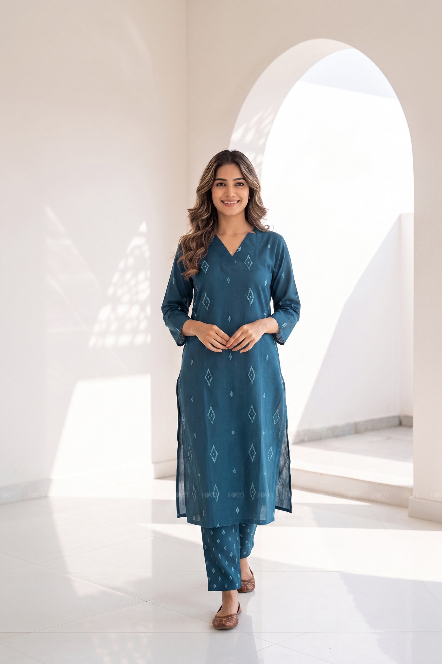Blue Mosaic Collared V-Neck Co-Ord Set