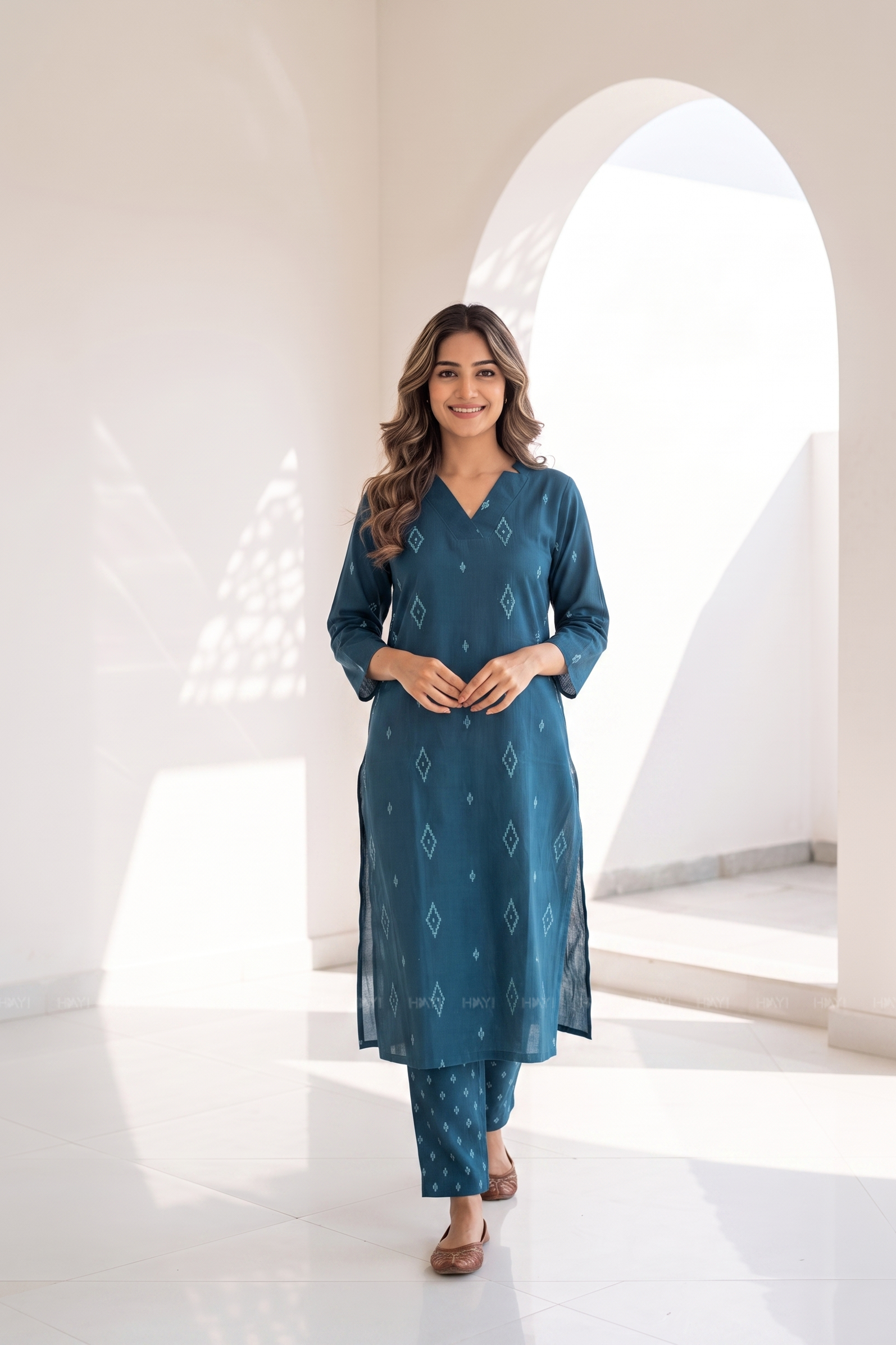Blue Mosaic Collared V-Neck Co-Ord Set