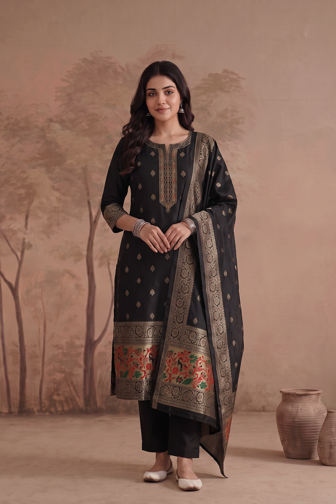 Obsidian Grace Black Silk Blend Woven 3-Piece Kurta Set