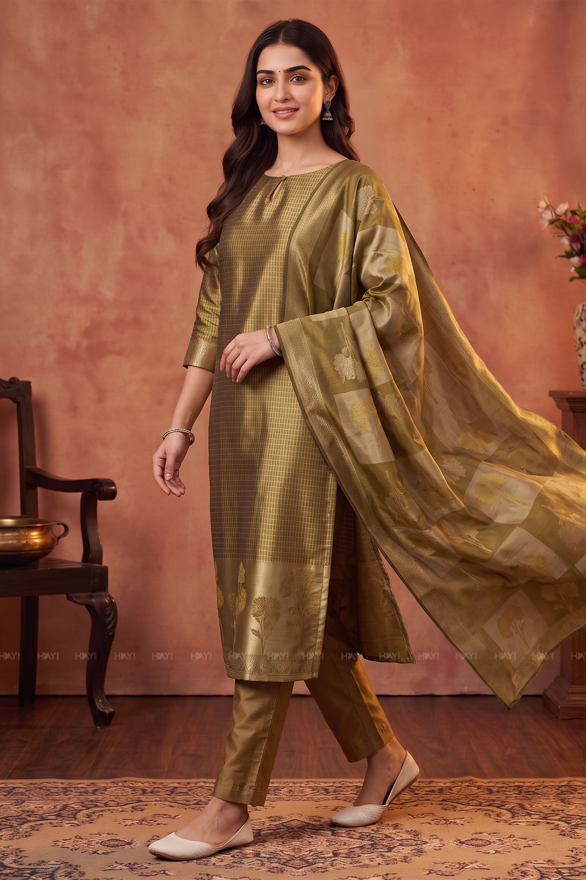 Gilded Meadow Golden Yellow Silk Blend Jacquard 2-Piece Set