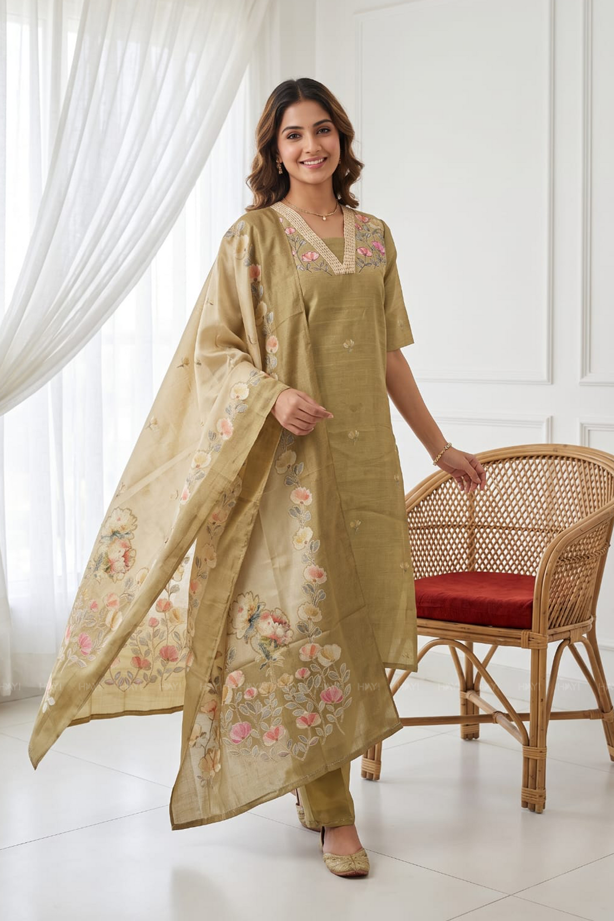 Classic Natural Yellow 3-Piece Tussar Silk Blend Floral Hand-Embroidered Kurta with Pant &amp; Dupatta