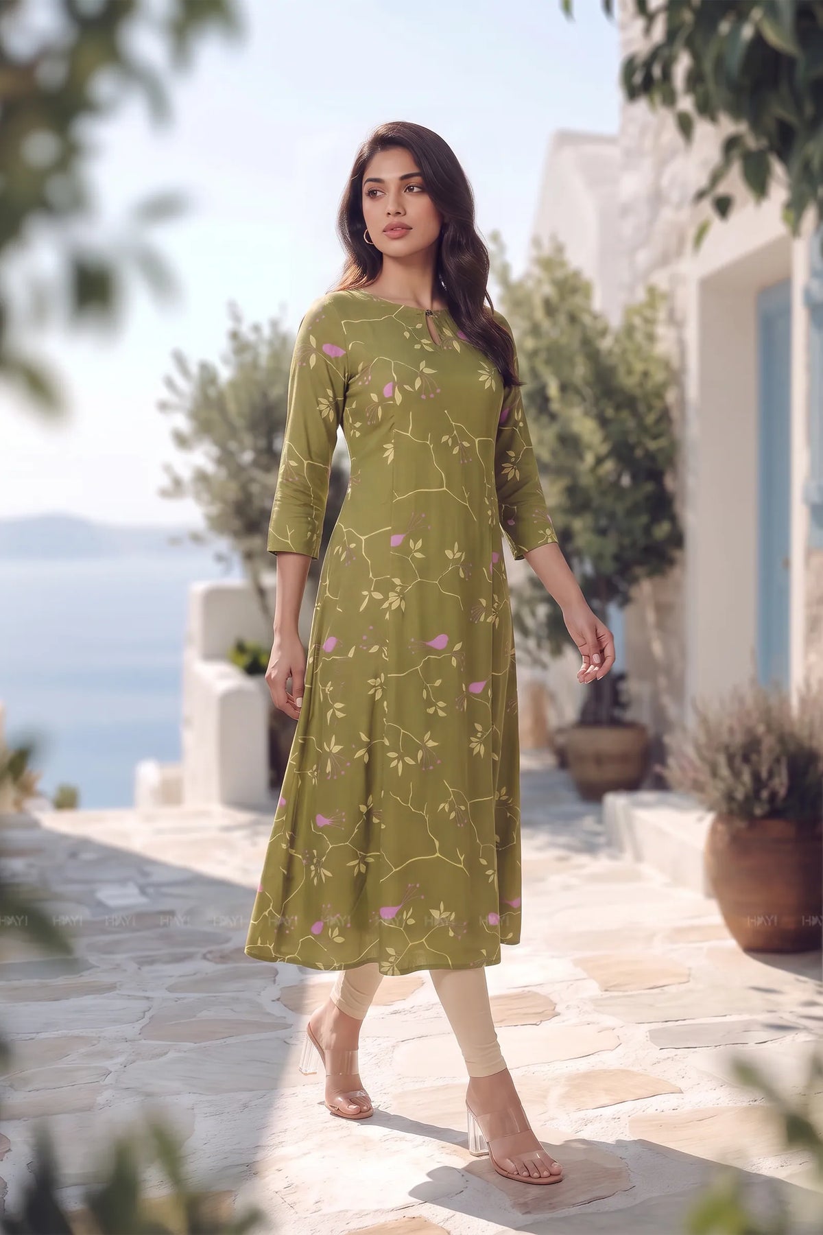 Sparrow Bloom Green Floral Printed Viscose A-Line Kurta for Women