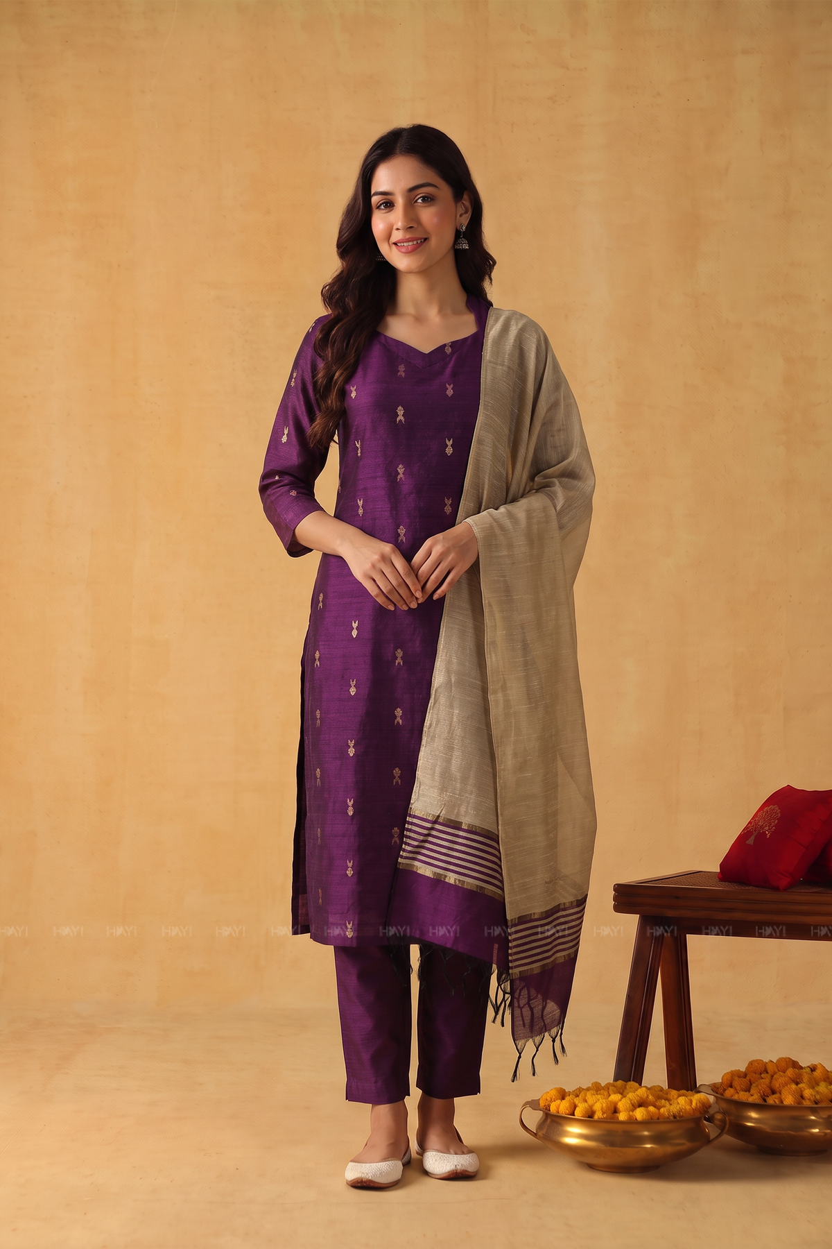 Purple Royale Silk Blend Handloom Woven 3-Piece Kurta Set