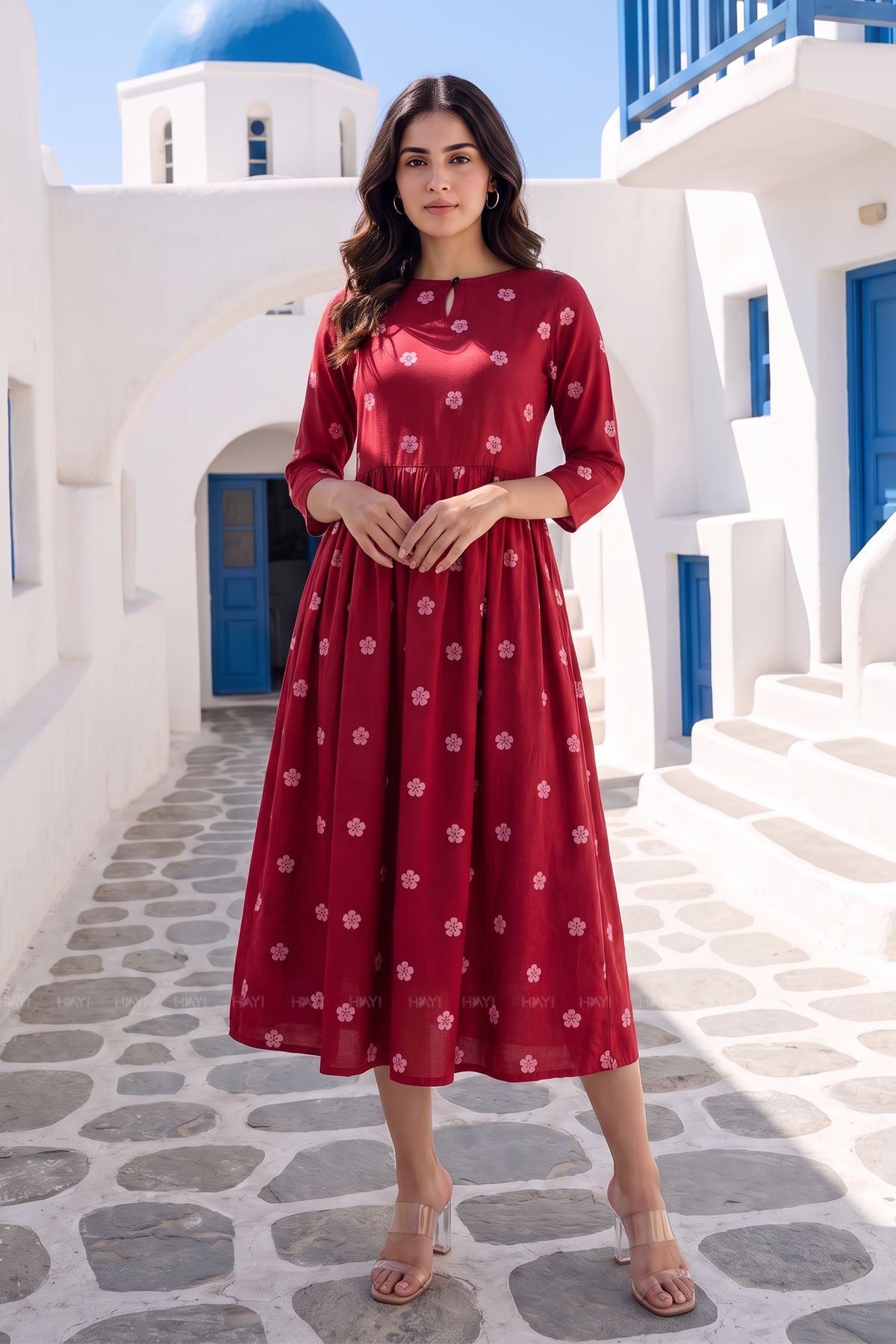 Ruby Meadow Red Viscose Printed Umbrella Dress