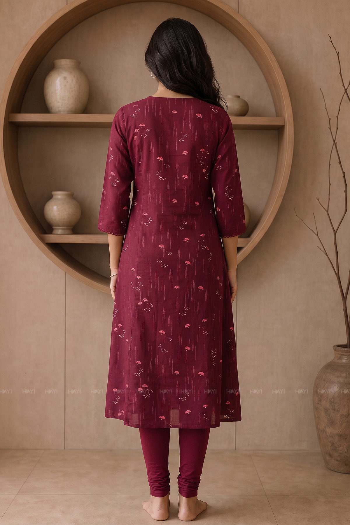Burgundy Blossom Printed Red A-Line Kurta