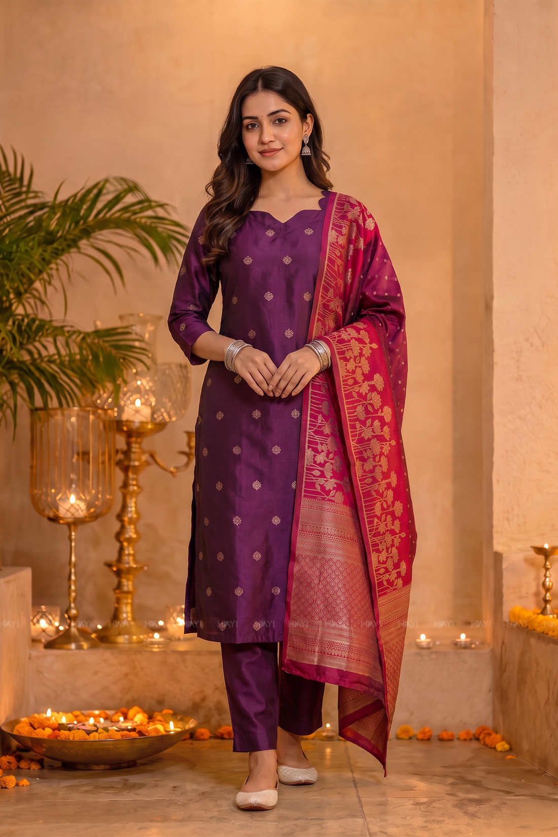 Blooming Amethyst Purple Silk Blend Jacquard Woven 3-Piece Kurta Set
