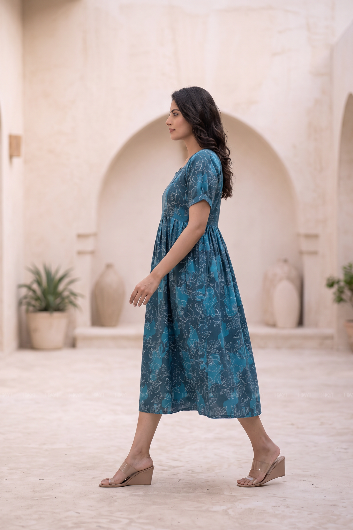 Whimsical Botanical Teal Printed Maternity Maxi Dress