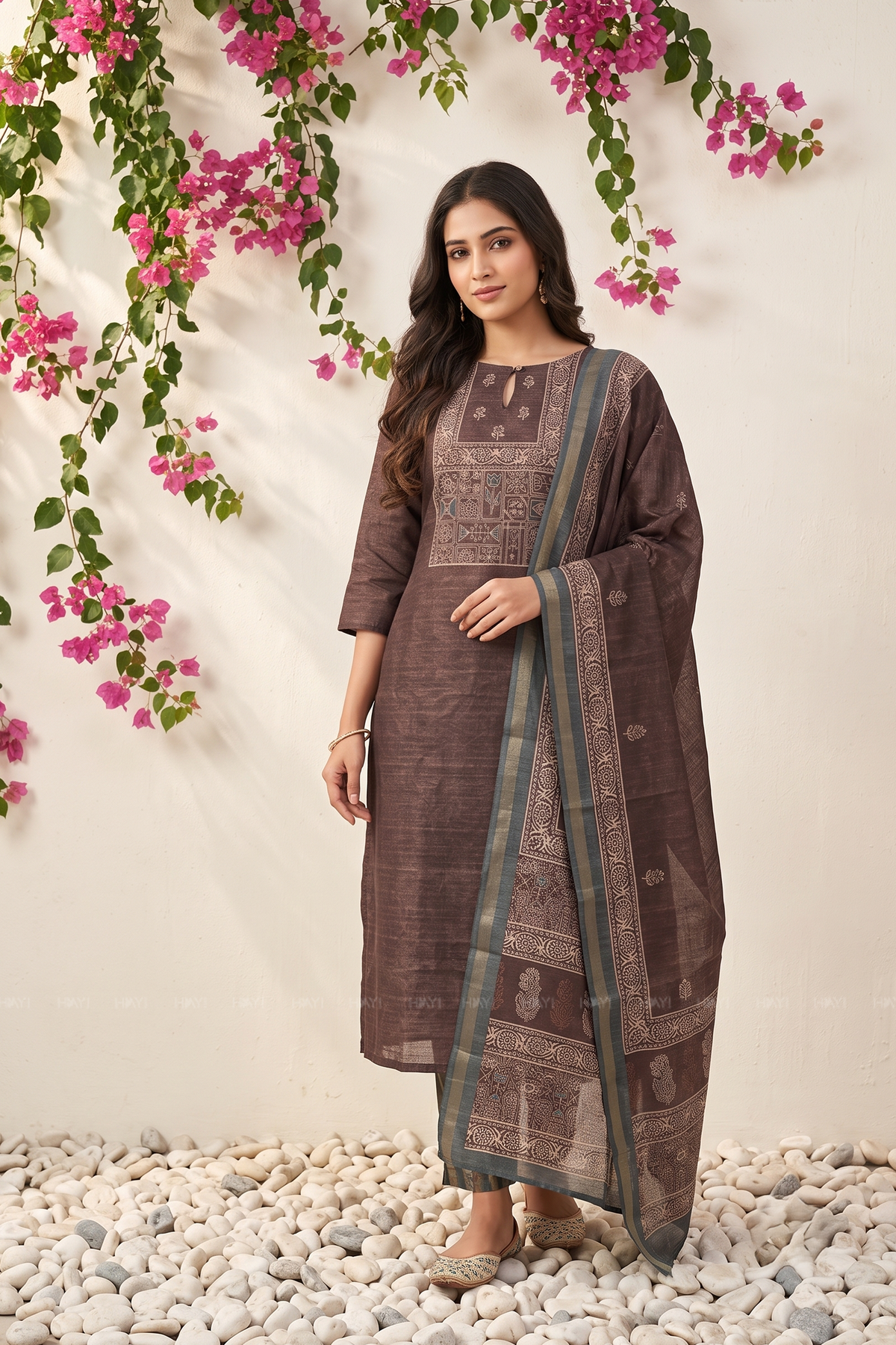 Tanira Brown printed 2 Piece Khata Silk Kurta with Dupatta