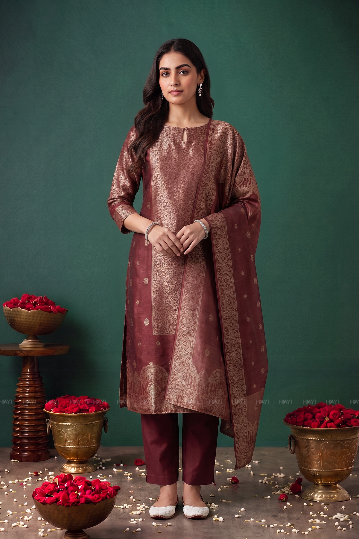 Roselle Red Silk Blend Jacquard 2-Piece Straight Kurta Set