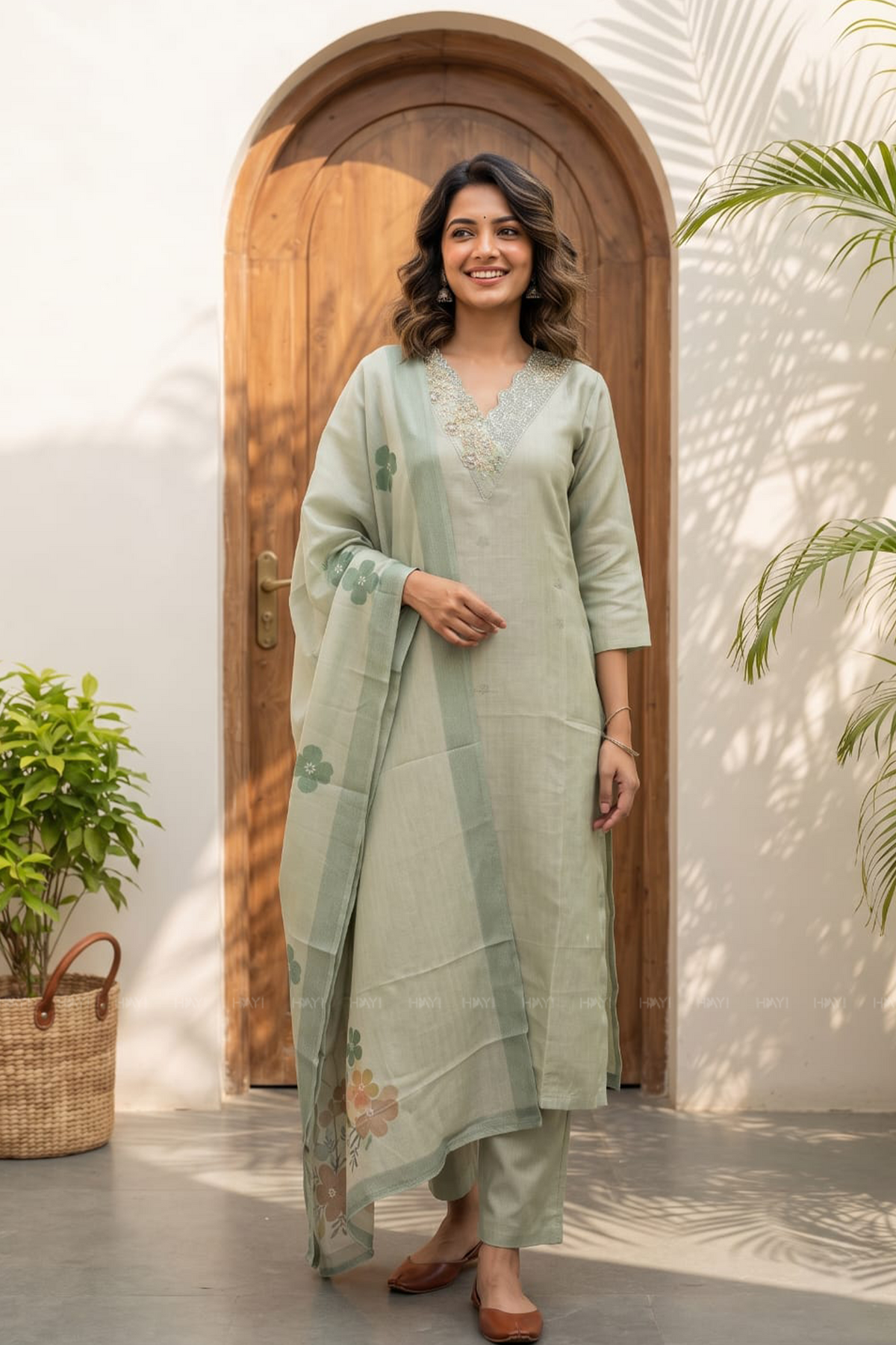 Willowshine Green Embroidery Organza Silk Kurta set with Dupatta