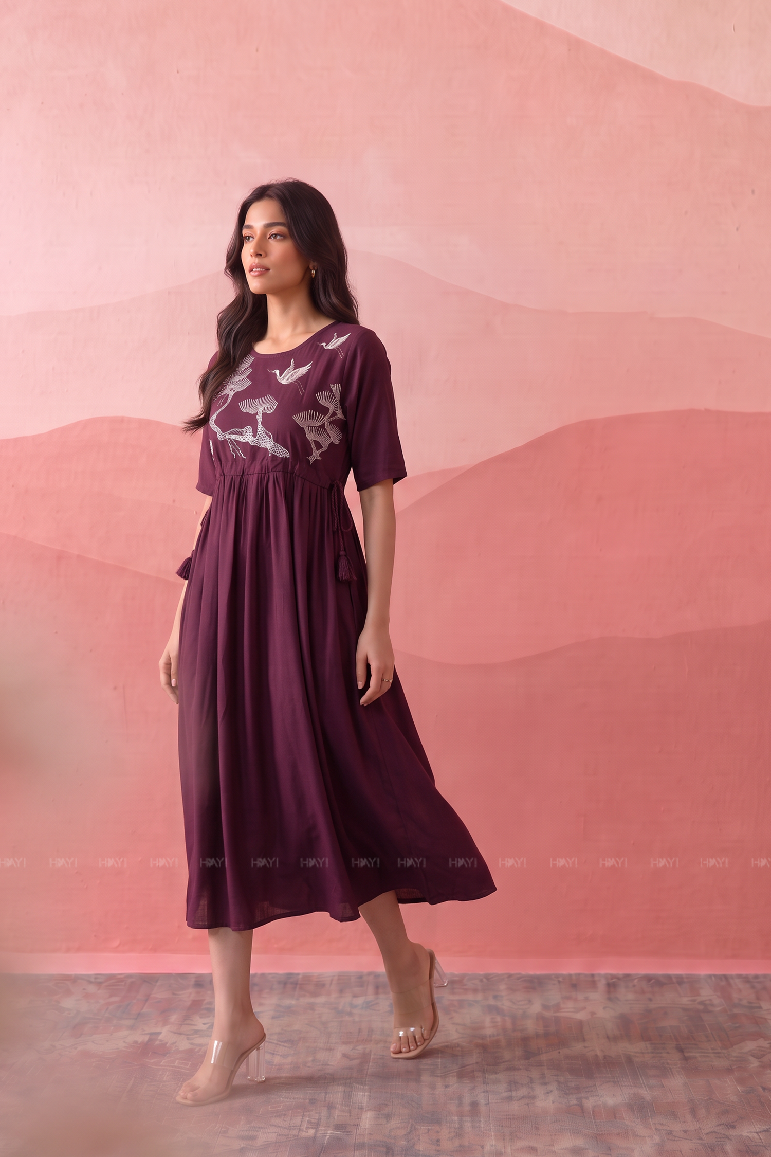 Plum Sparrow Maroon Embroidered Umbrella Dress