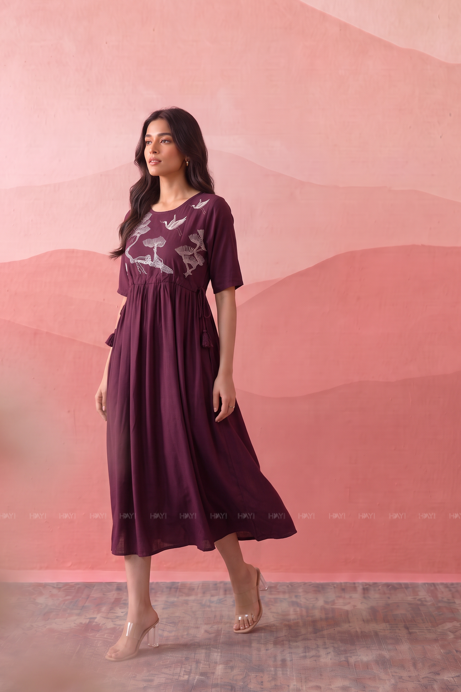 Plum Sparrow Maroon Embroidered Umbrella Dress