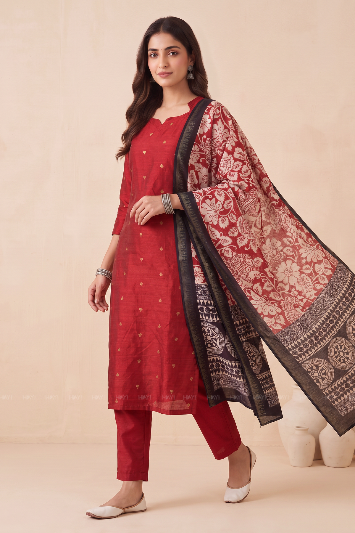 Amara Muse Red Silk Blend 3-Piece Handloom Woven Kurta Set