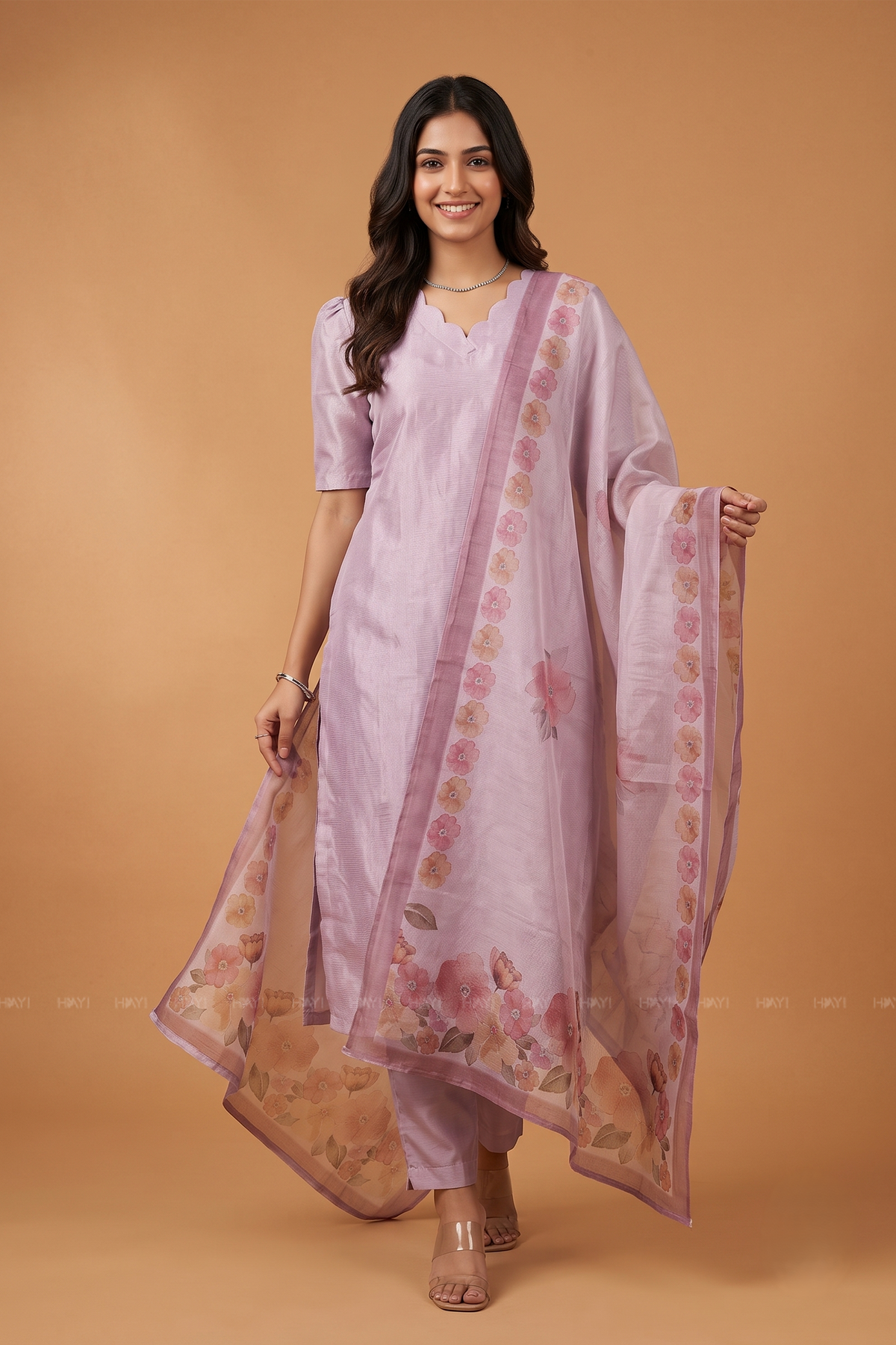 Lilac Blossom 3 Piece Crush Silk Blend Hand-Embroidered Kurta with Pant &amp; Dupatta