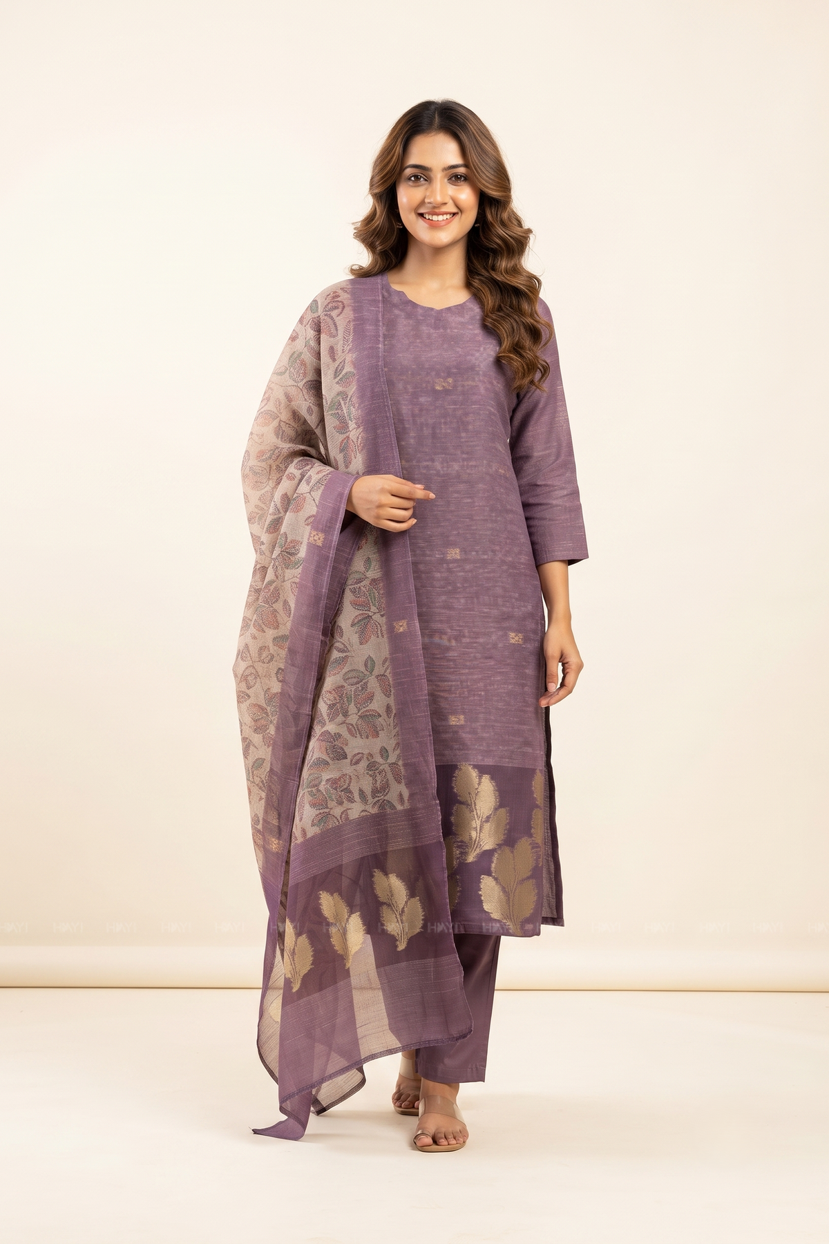 Petal Mist Jacquard 3 Piece Linen Kurta Set with Dupatta