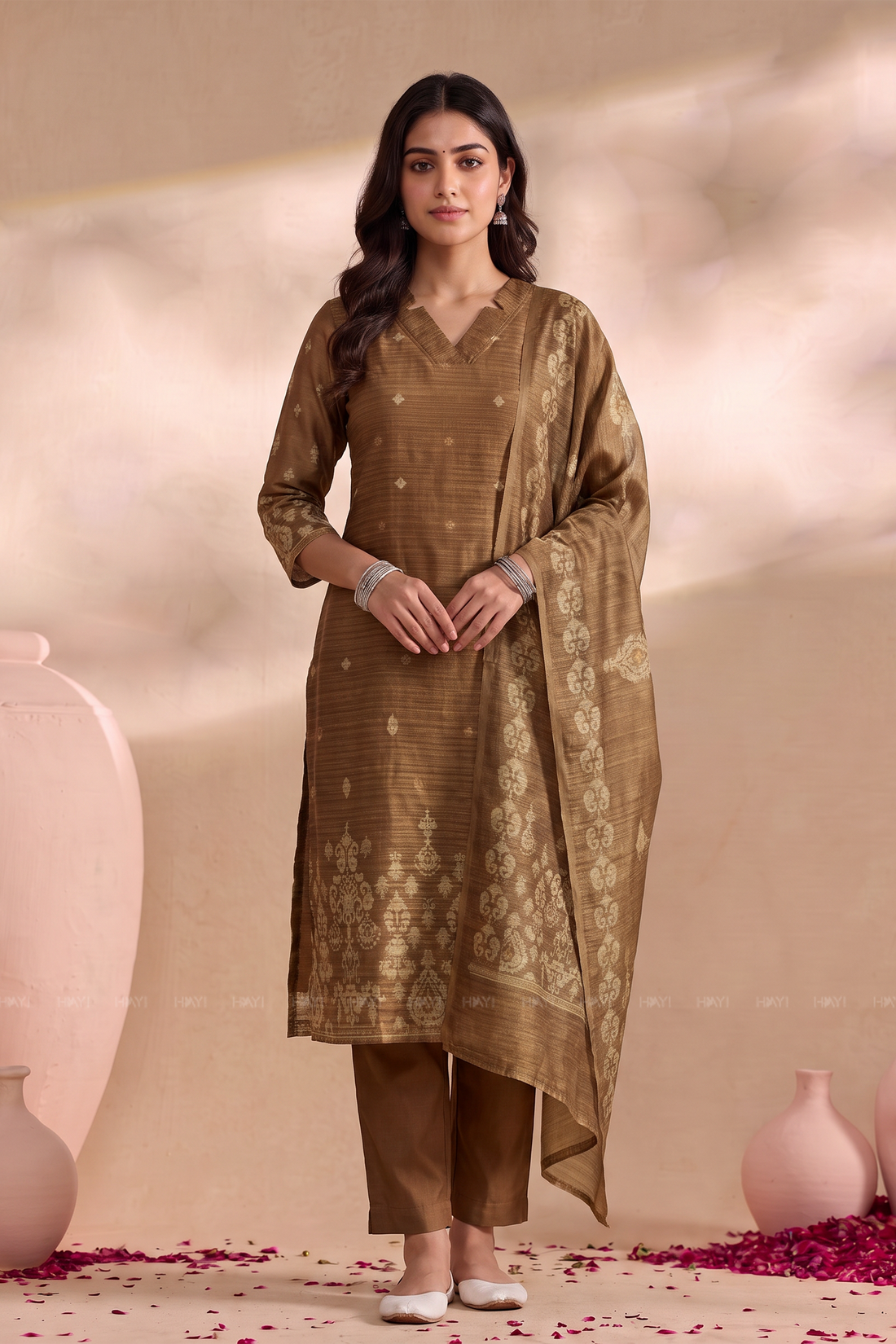 Oakwood Elegance Golden Yellow Silk Blend Printed 3-Piece Kurta Set