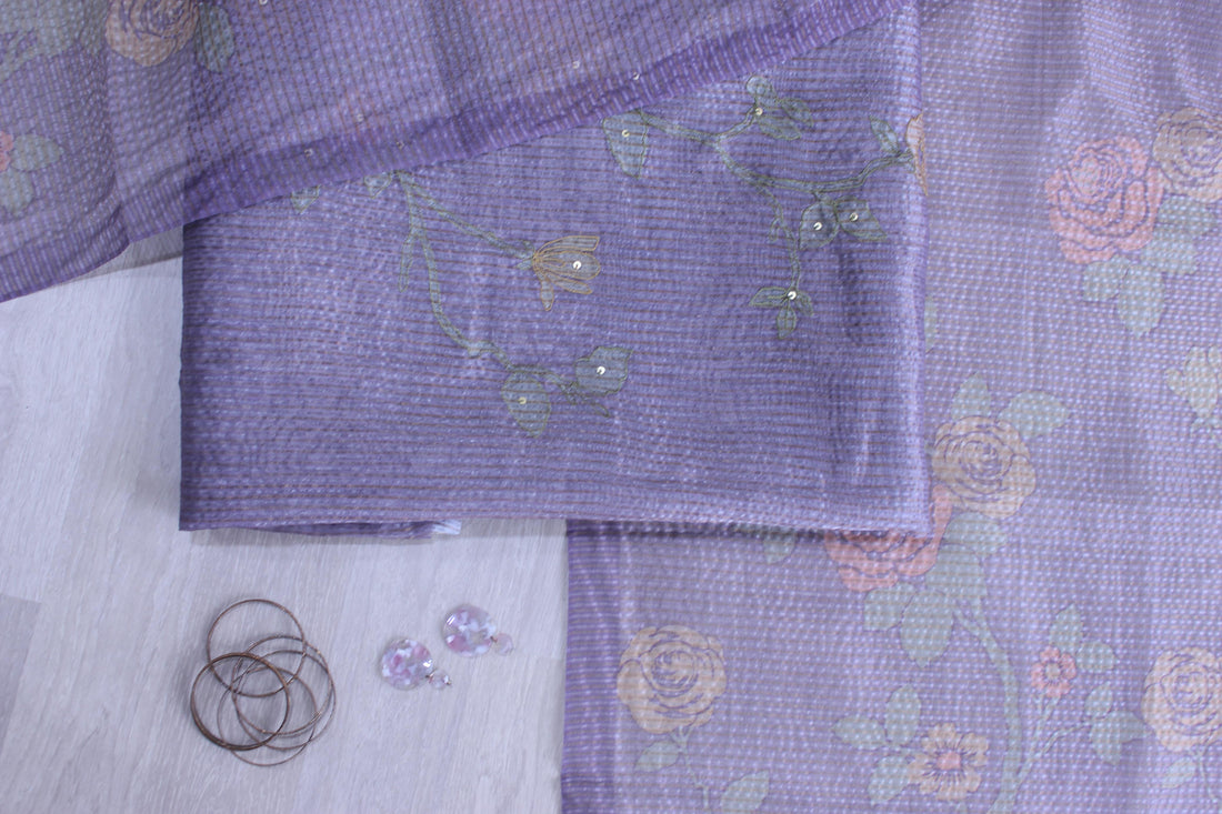 Lavender Garden Floral Hand Embroidery Unstitched Crush Link Daman Applique Fabric
